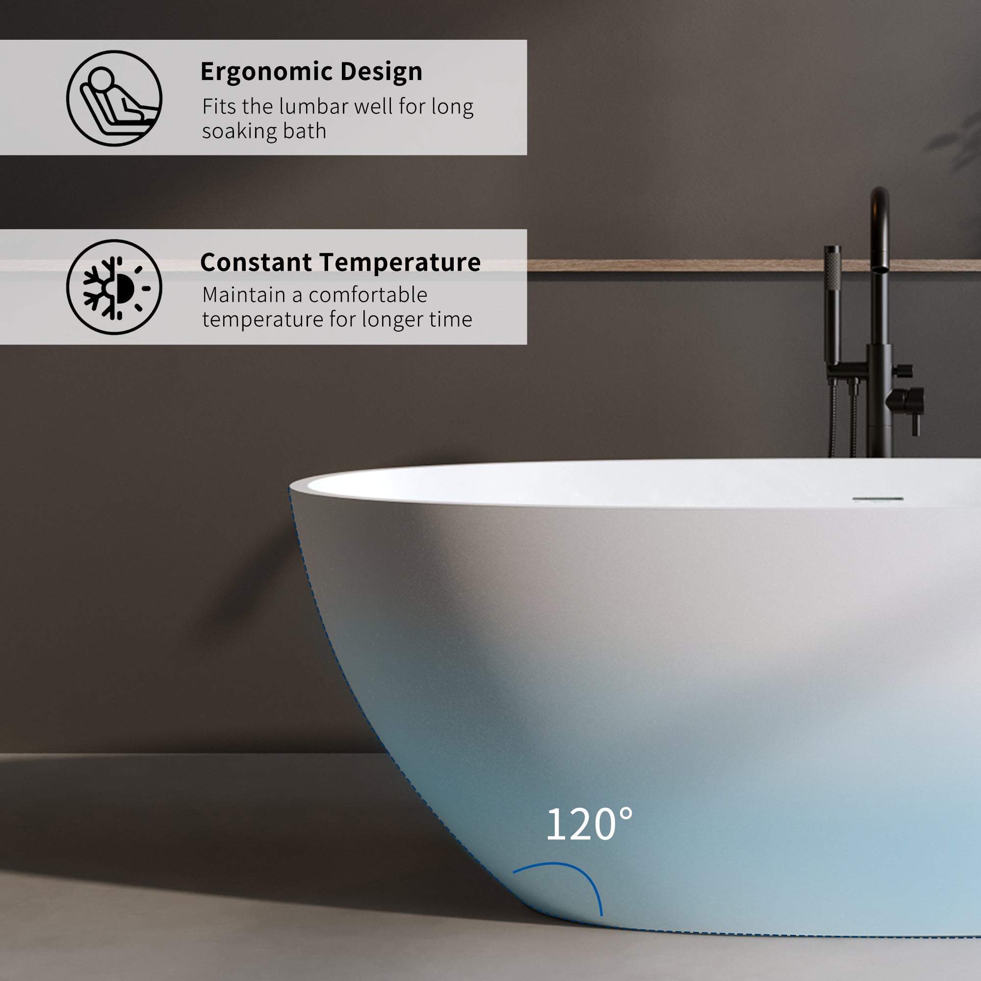 59'' Solid Surface Matte Tub, Solid Surface Soaking Tub, Stone Resin Freestanding Bathtub, Thick Edge Stand Alone Tubs with Overflow, Pop-up Drain, Matte White (Oval)