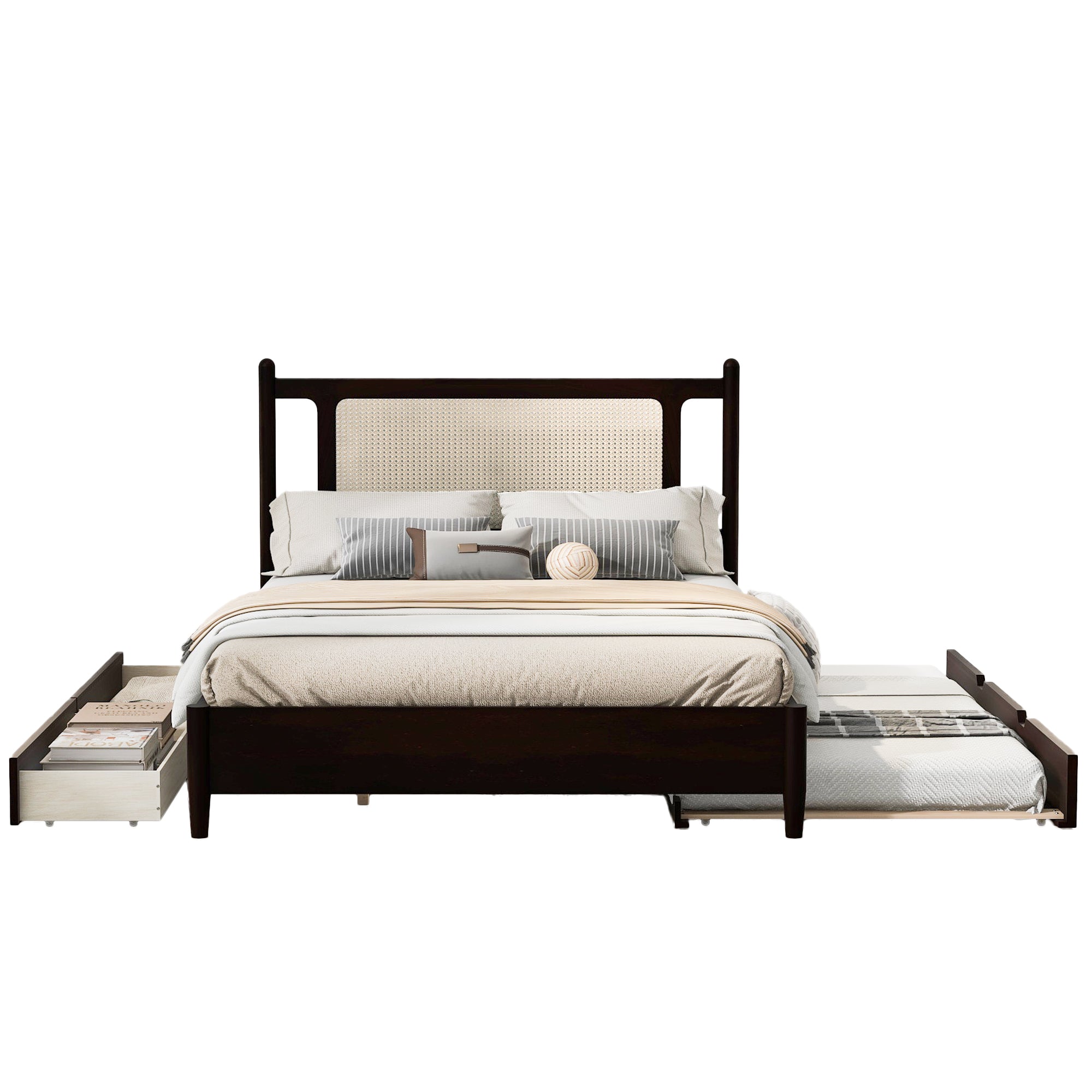 Queen Size Wooden Rattan Platform Bed, with 2 Big Drawers, T Size Trundle, Espresso