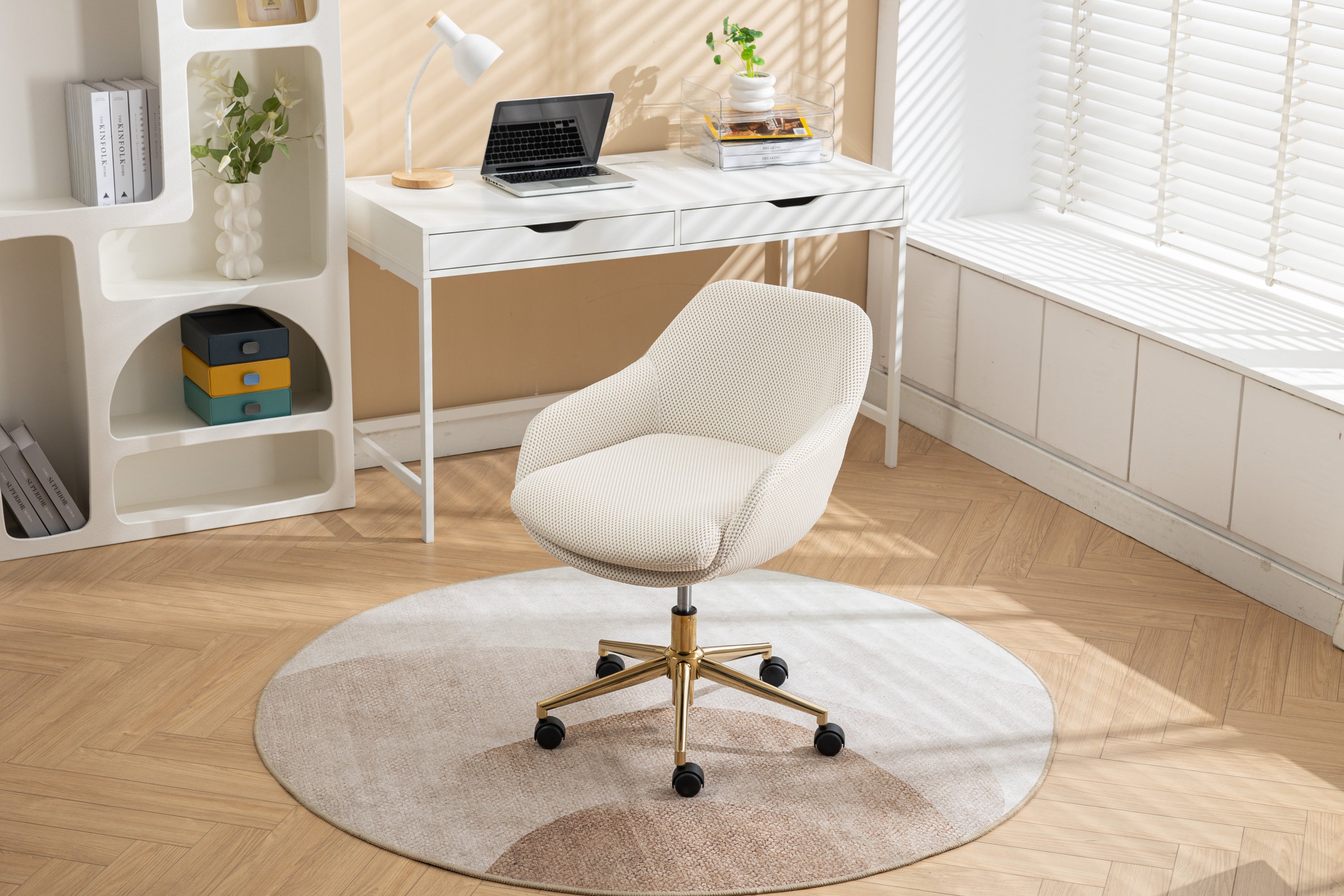 046-Mesh Fabric Home Office 360°Swivel Chair Adjustable Height With Gold Metal Base,Beige