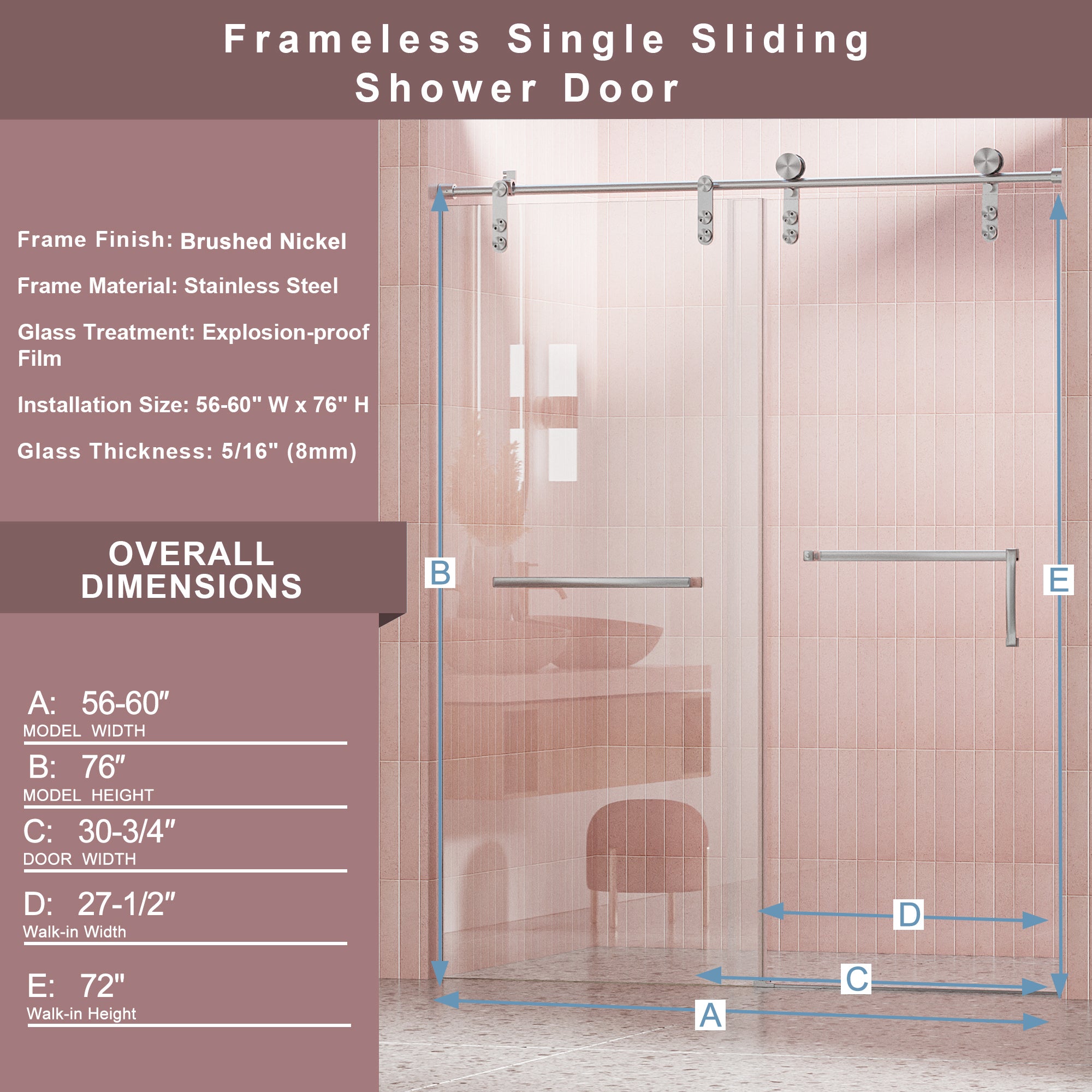 56"-60" W x 76" H Frameless Shower Door, Single Sliding 5/16" (8mm) Clear Tempered Glass Shower Door with Explosion-Proof Film, Stainless Steel Hardware, Brushed Nickel 24D210-60BN-COMBO-1