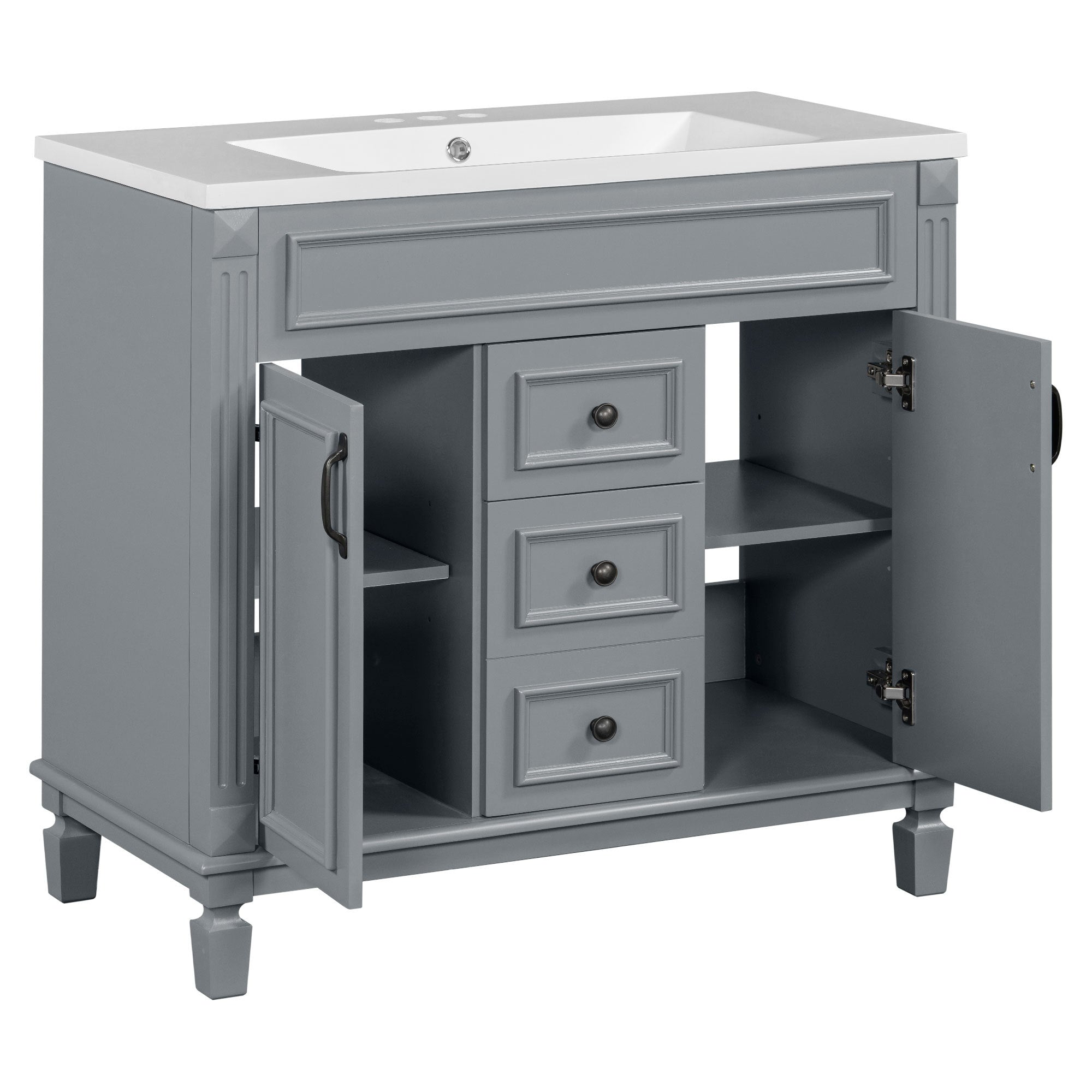 36'' Bathroom Vanity with Top Sink, Grey Mirror Cabinet, Modern Bathroom Storage Cabinet with 2 Soft Closing Doors and 2 Drawers, Single Sink Bathroom Vanity