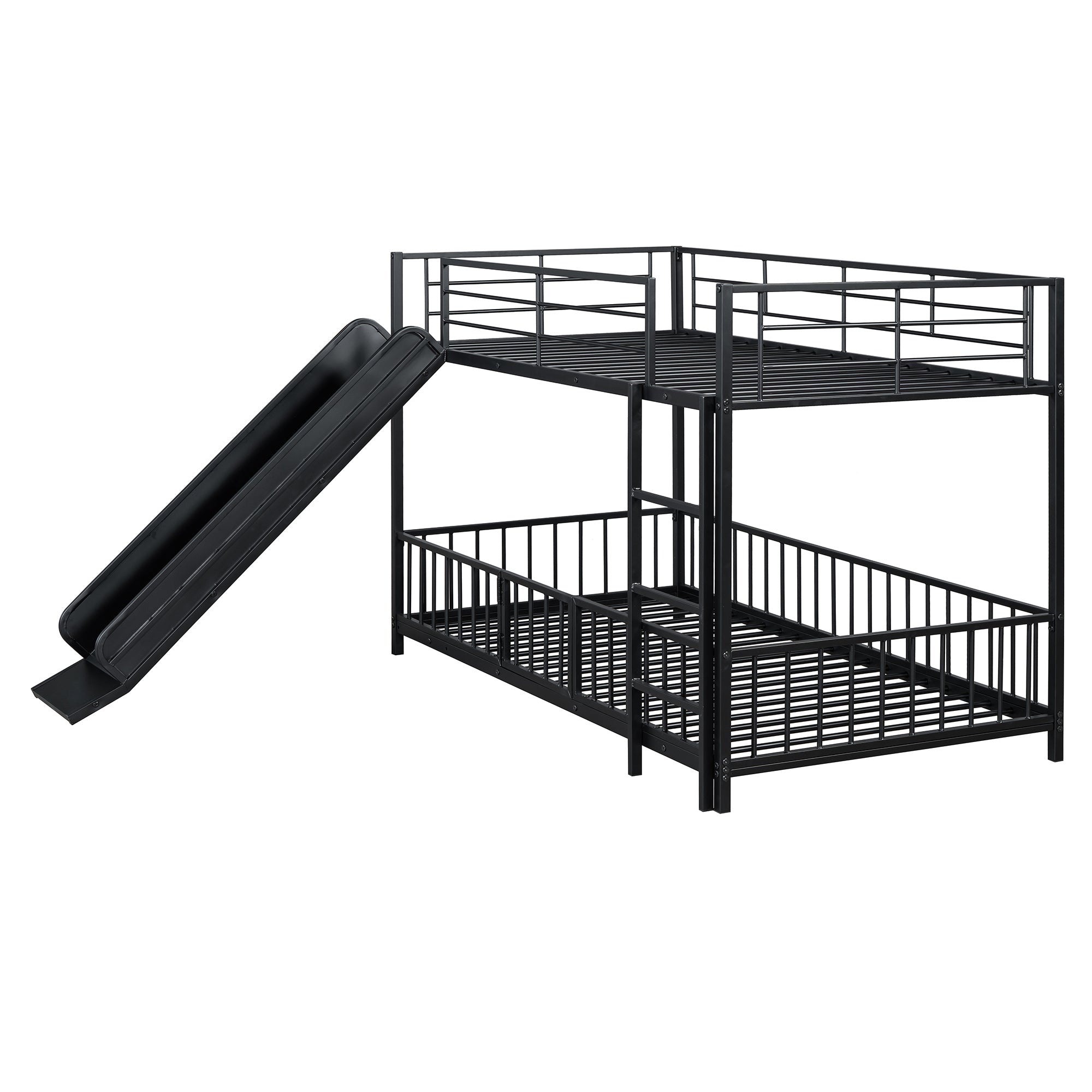 Twin over Twin Size Metal Bunk Bed with Slide and Guardrails, Black