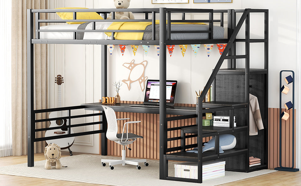 Full Size Metal Loft Bed with Desk, Storage Staircase and Small Wardrobe, Storage stairs can be installed left and right,Black