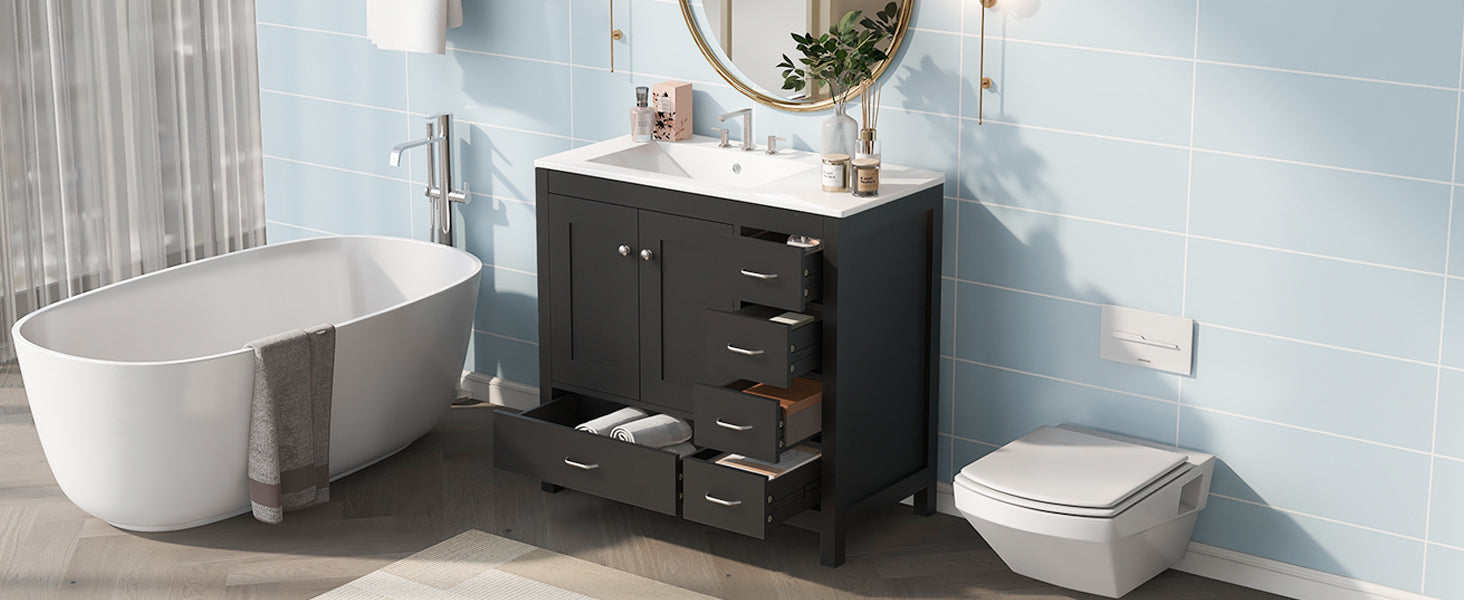 36" Black Bathroom Vanity with Ceramic Sink Combo, Abundant Storage Cabinet -2 Soft close doors and 5 drawers