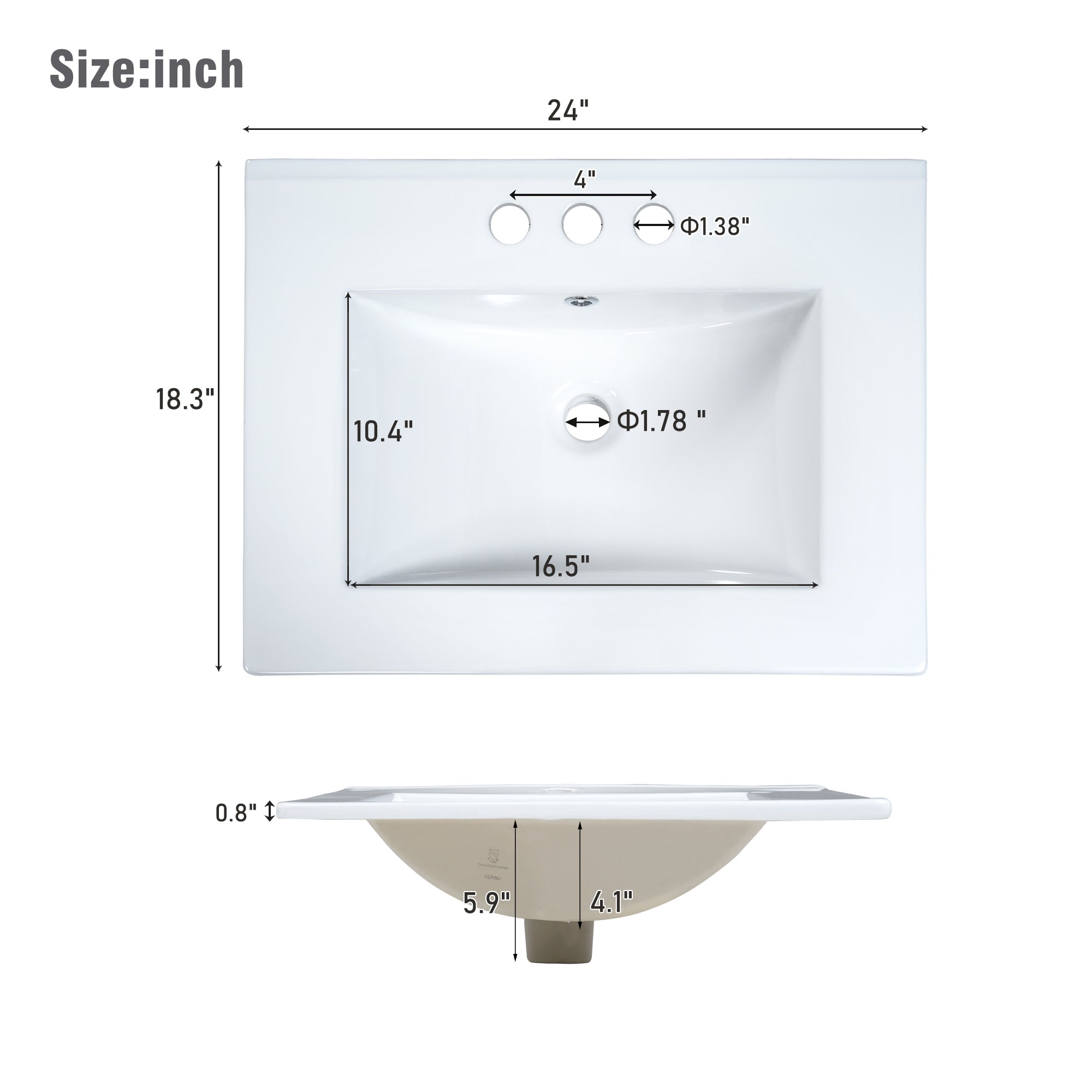 24-Inch Bathroom Vanity Cabinet with Ceramic Sink, 2 Drawers, 1 Door