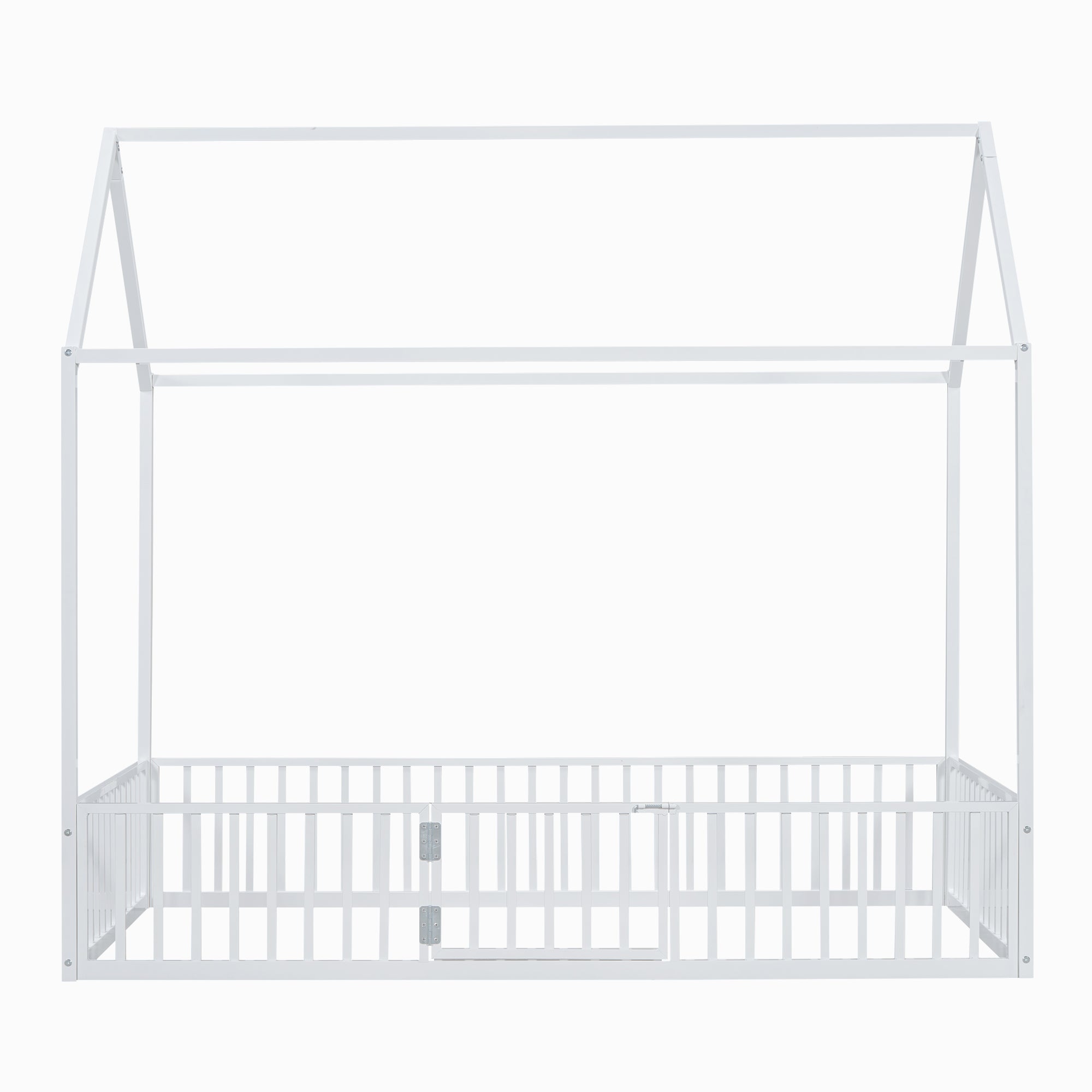 Twin Size Metal House Bed with Fence and Door, White