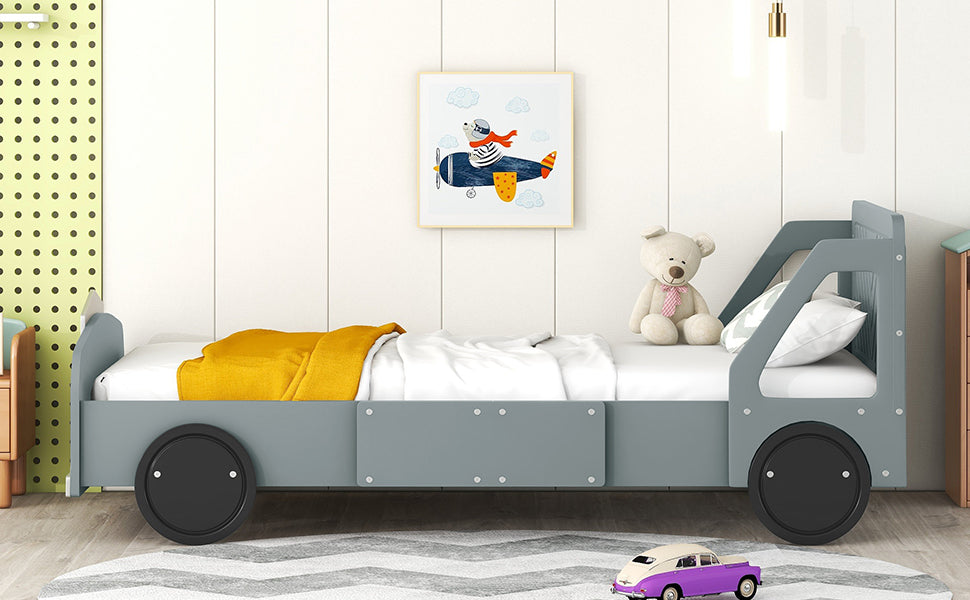 Twin Size Car-Shaped Platform Bed with Wheels,Gray