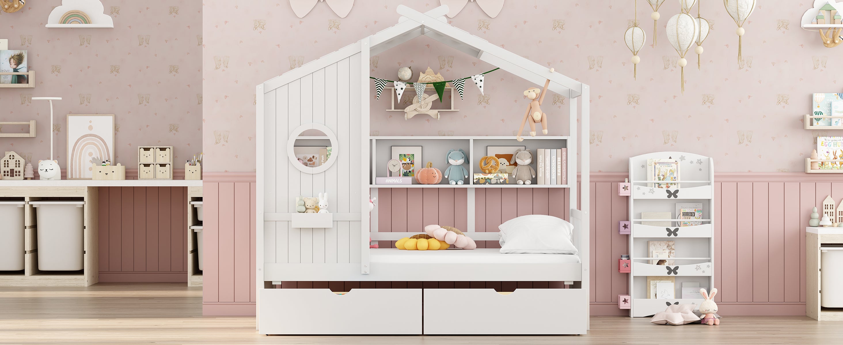 Wooden Twin Size House Bed with 2 Drawers,Kids Bed with Storage Shelf, White