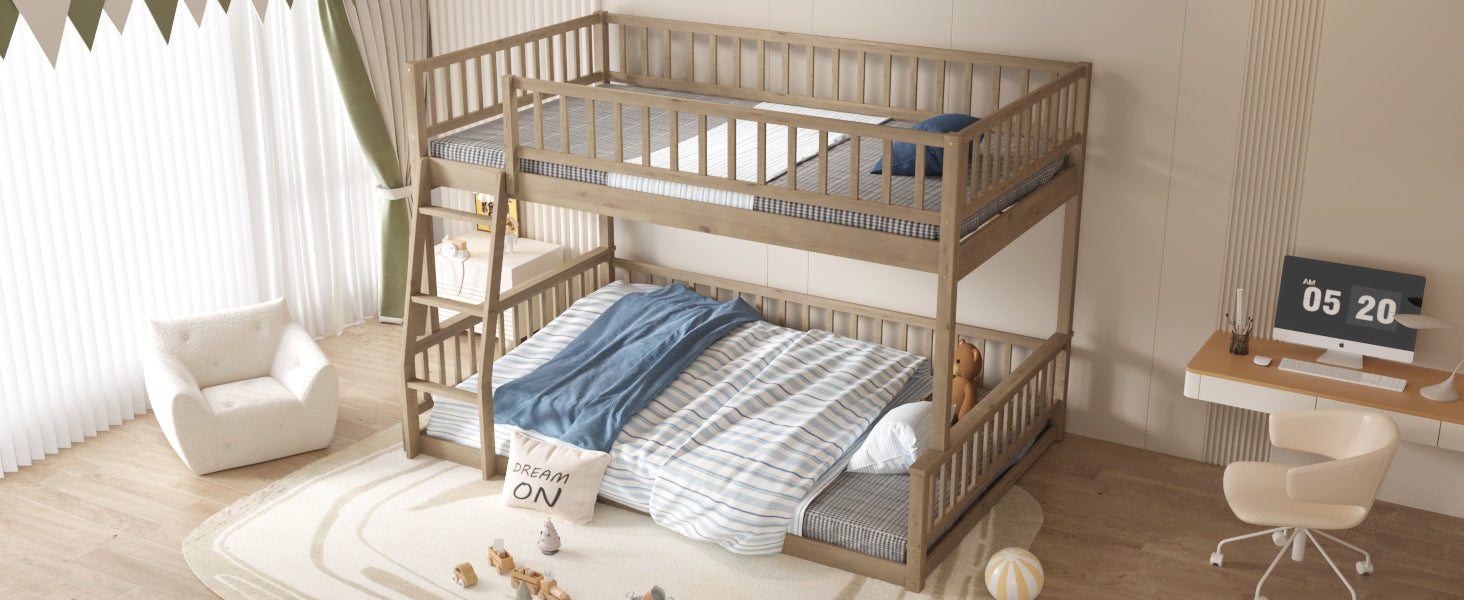 Full XL over Queen walnut bunk bed in bedroom setting, room view