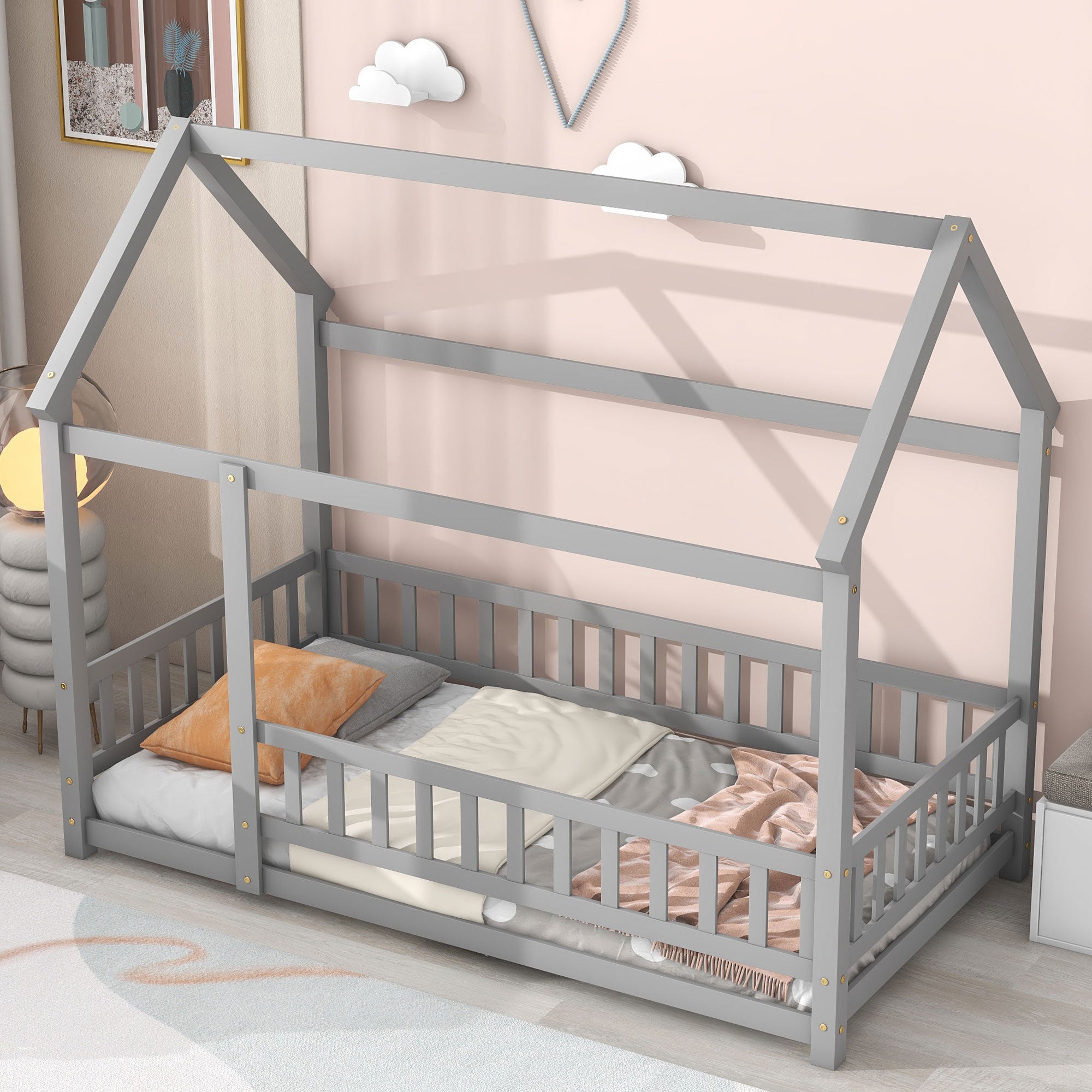 Twin Size Floor Wooden Bed with House Roof Frame, Fence Guardrails,Grey(Old SKU:W1791106614)