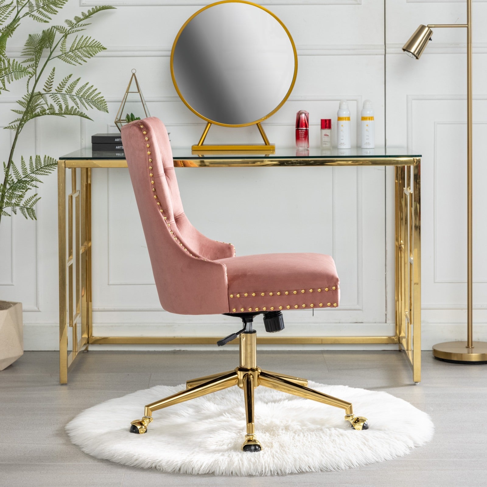 A&A Furniture Office Chair,Velvet Upholstered Tufted Button Home Office Chair with Golden Metal Base,Adjustable Desk Chair Swivel Office Chair (Pink)