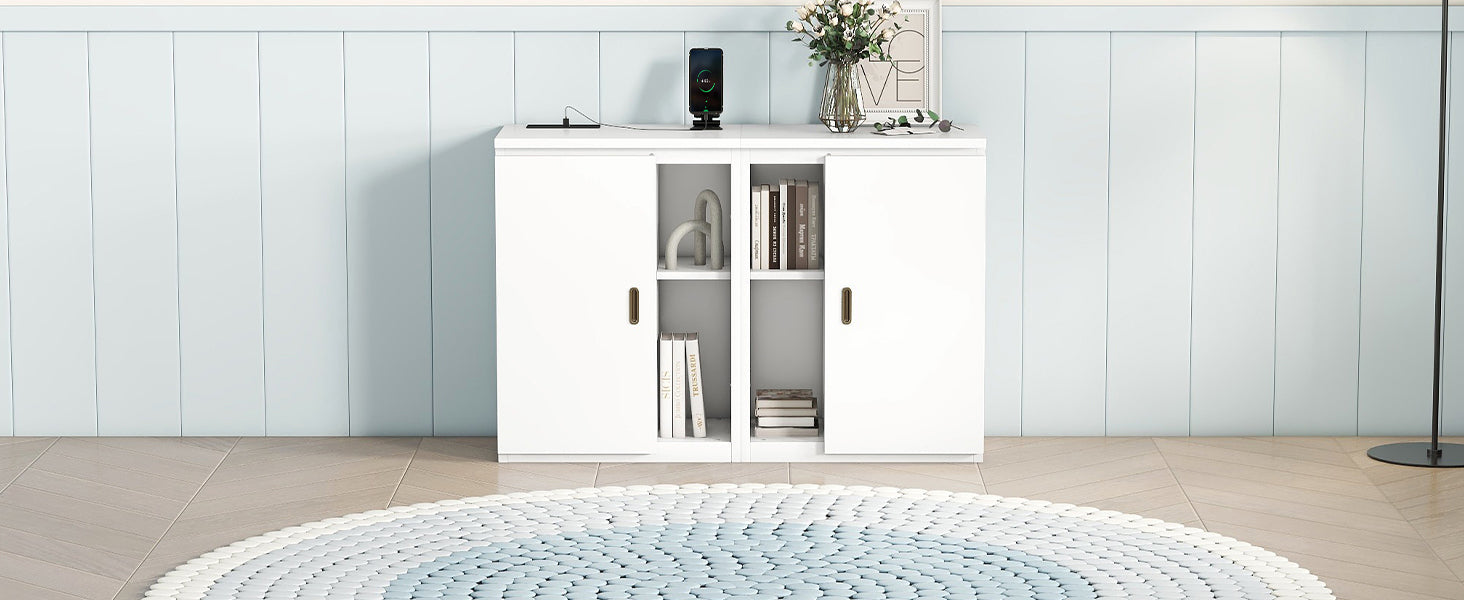 Queen Size Murphy Bed with Shelves, Cabinets and USB Ports,White