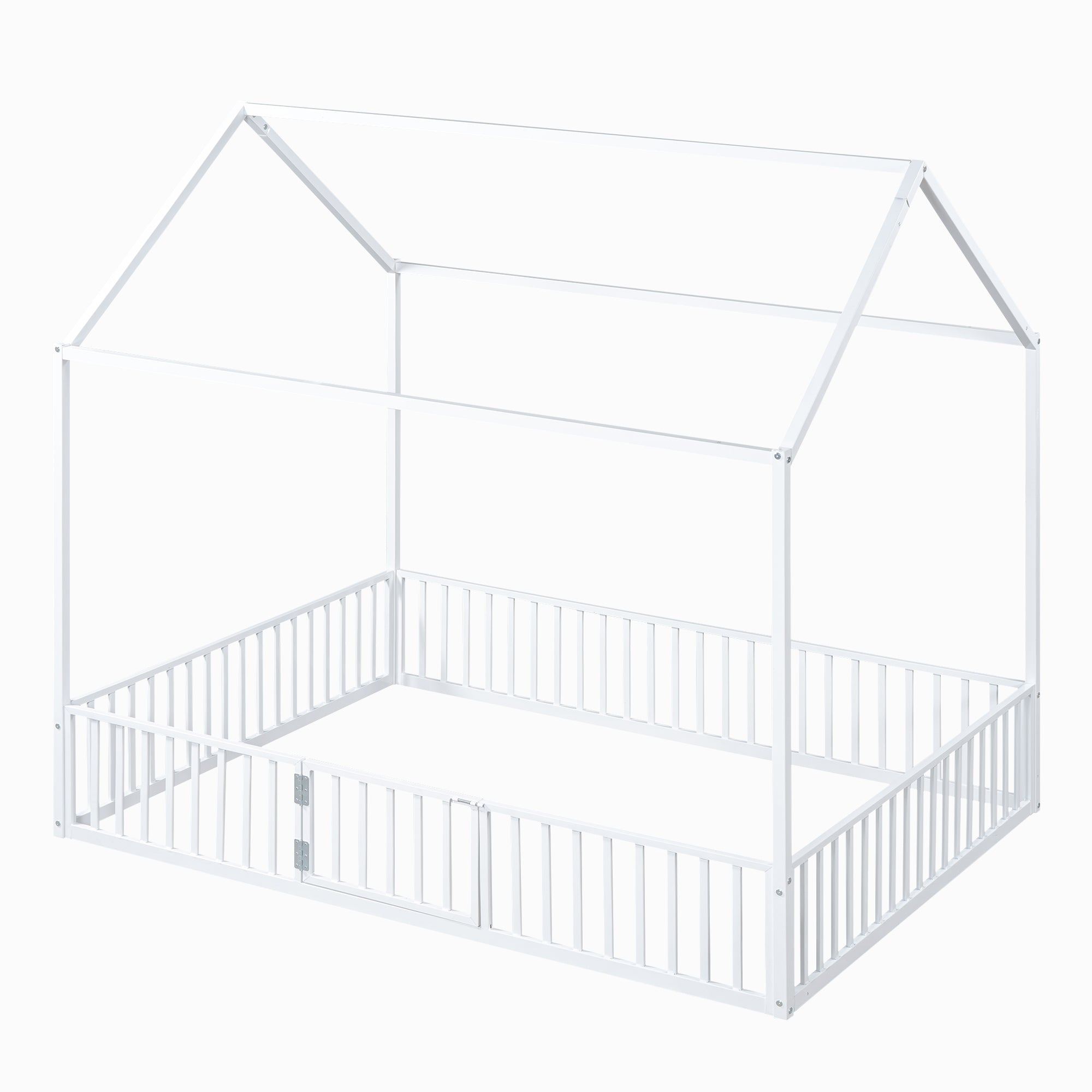 Full Size Metal House Bed with Fence and Door, White