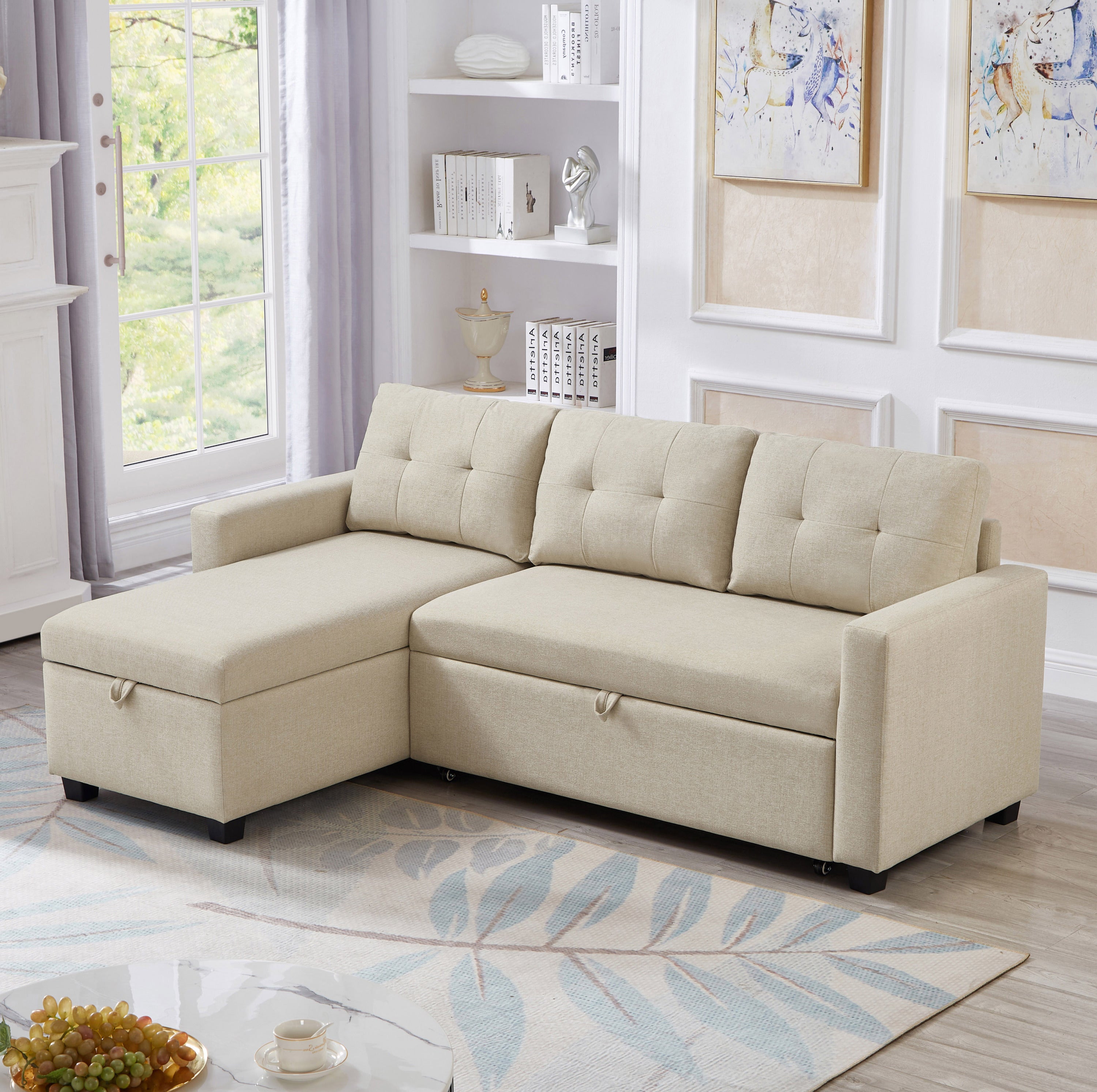 Upholstered Pull Out Sectional Sofa with Storage Chaise, Convertible Corner Couch, Beige