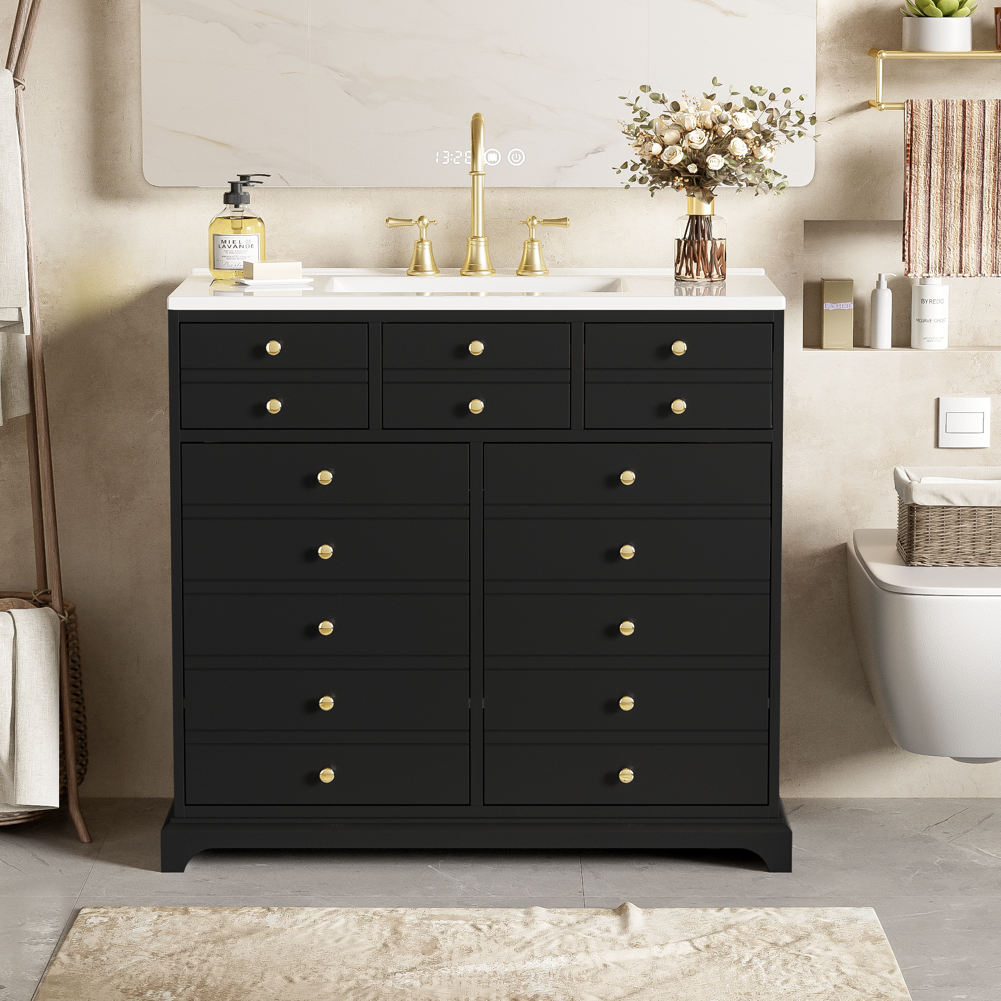 36'' Bathroom Vanity with Ceramic Sink Combo, Solid Wood Frame Bathroom Storage Cabinet, Freestanding Vanity Set with 2 Drawers& Soft Closing Doors, Black