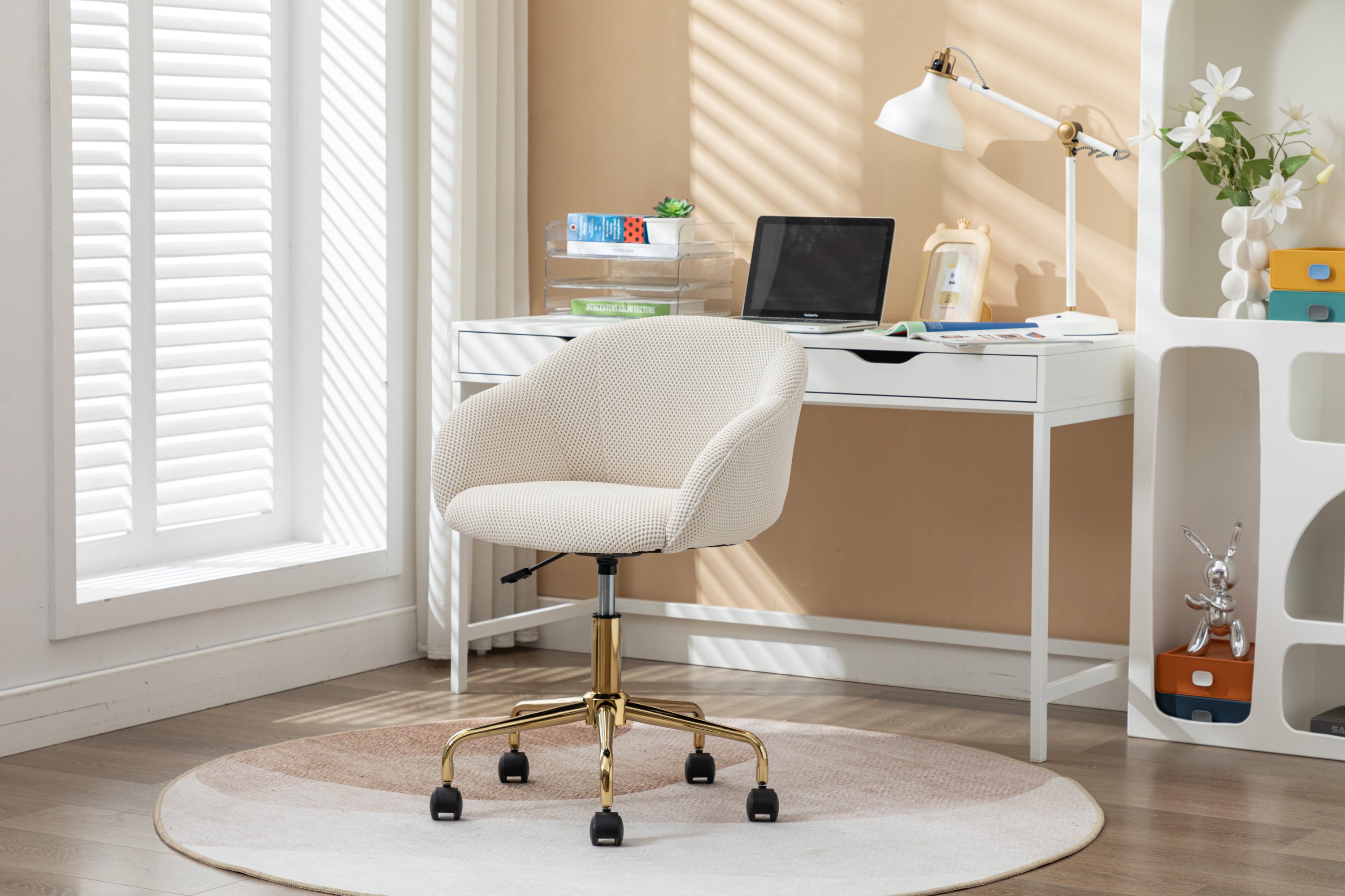 047-Mesh Fabric Home Office 360°Swivel Chair Adjustable Height With Gold Metal Base,Beige