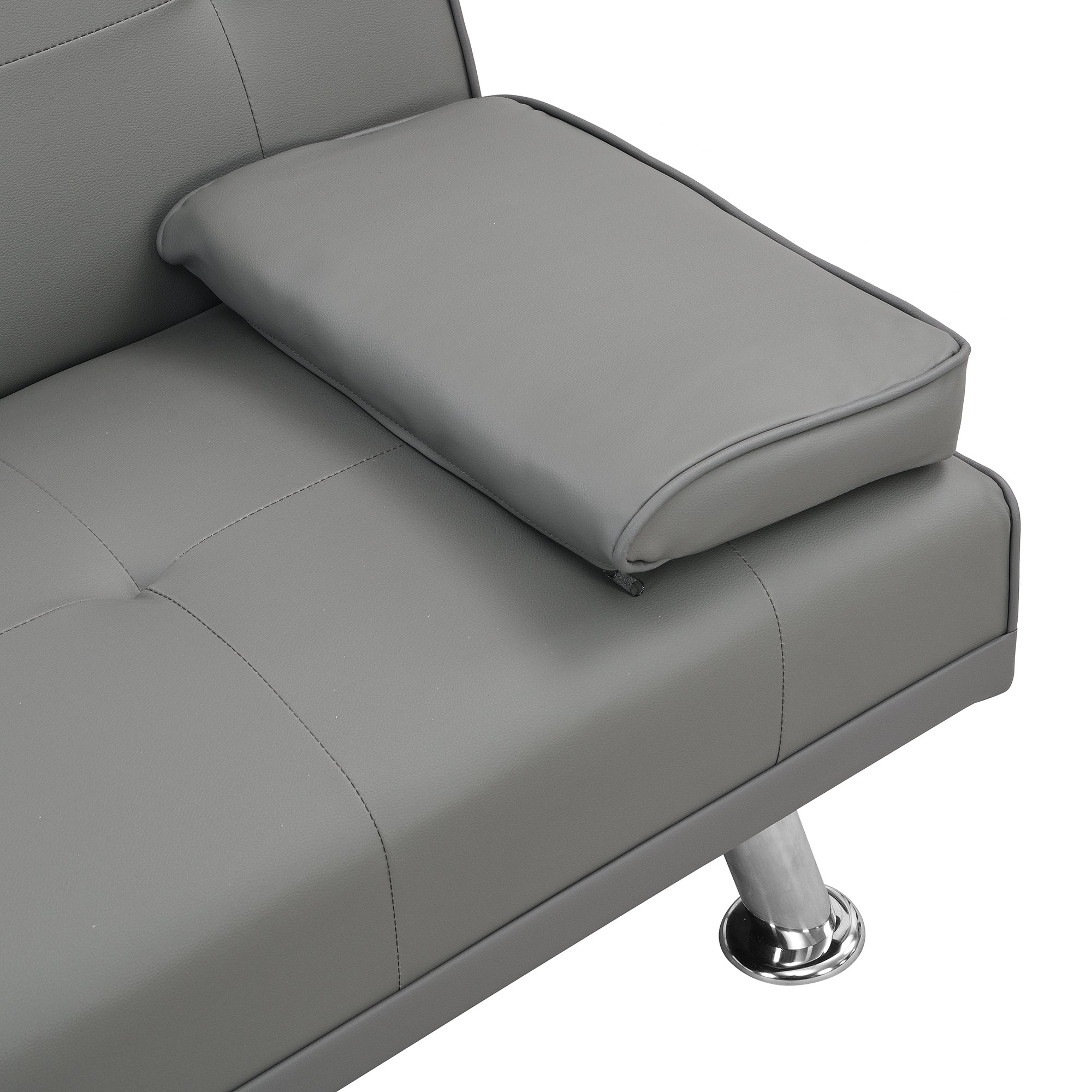 Sofa Bed with Armrest two holders WOOD FRAME, STAINLESS LEG, FUTON GREY PVC