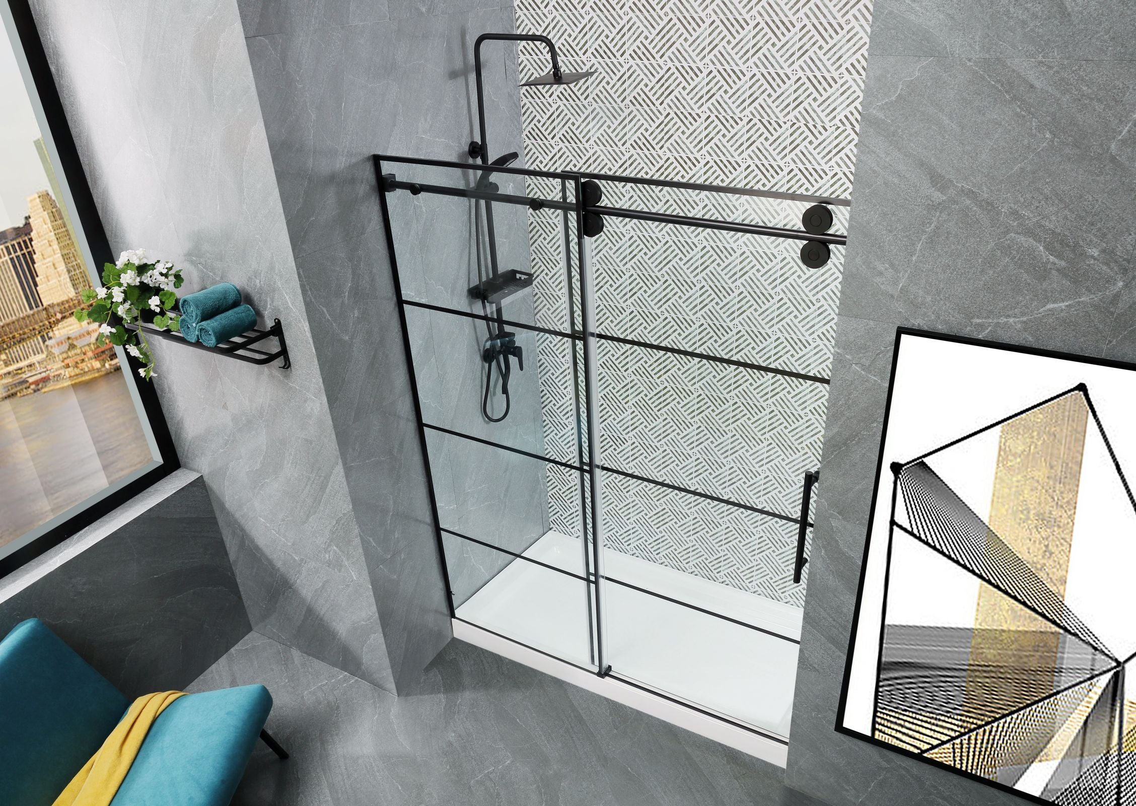 Frameless Glass Shower Door Adjustable 56-60"W x 76"H Black Sliding Shower Door,Certified Thick Clear Clear Tempered Glass,304 Stainless Steel Hardware