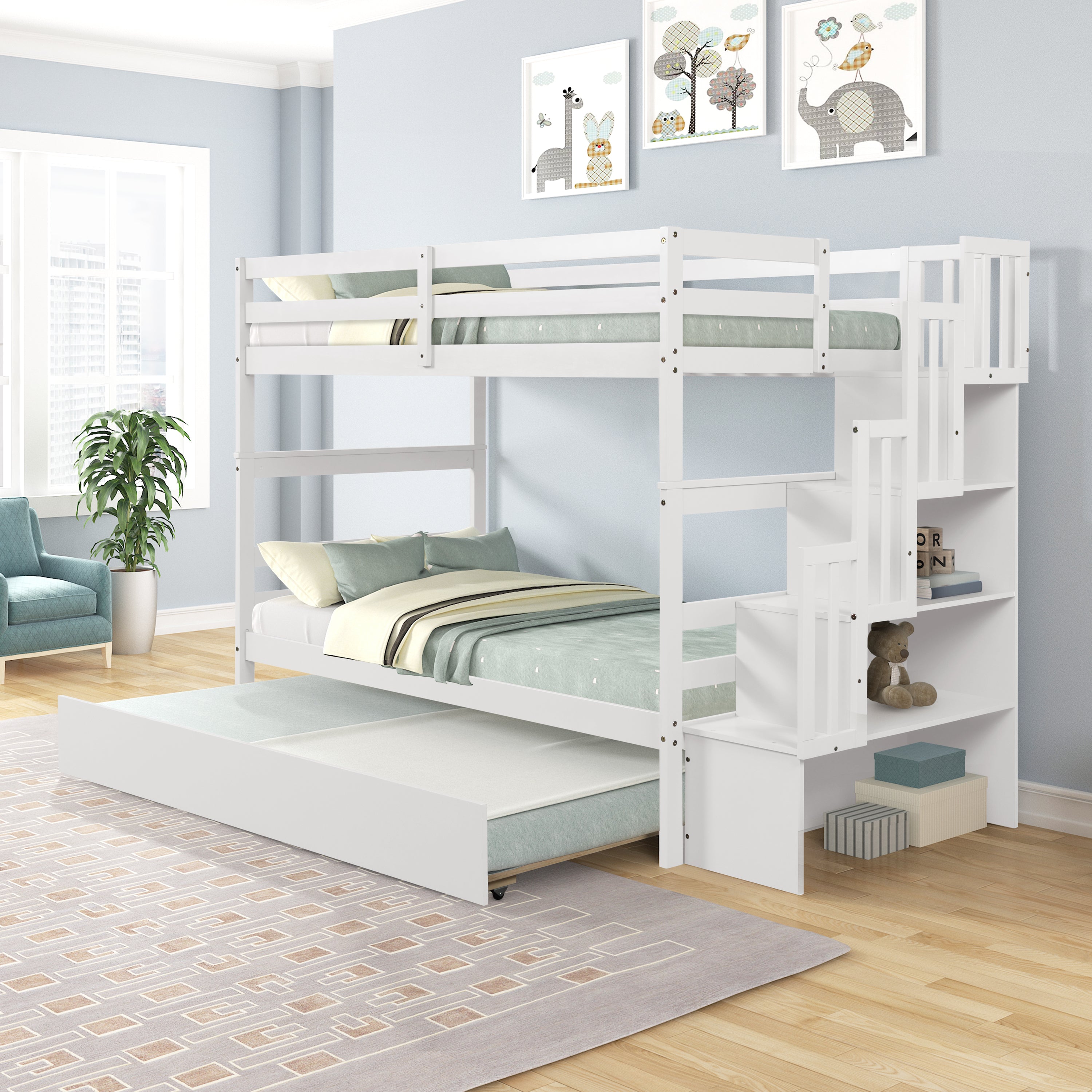 Twin over Twin Bunk Beds With Twin Trundle and Stairway Storage Function in White color