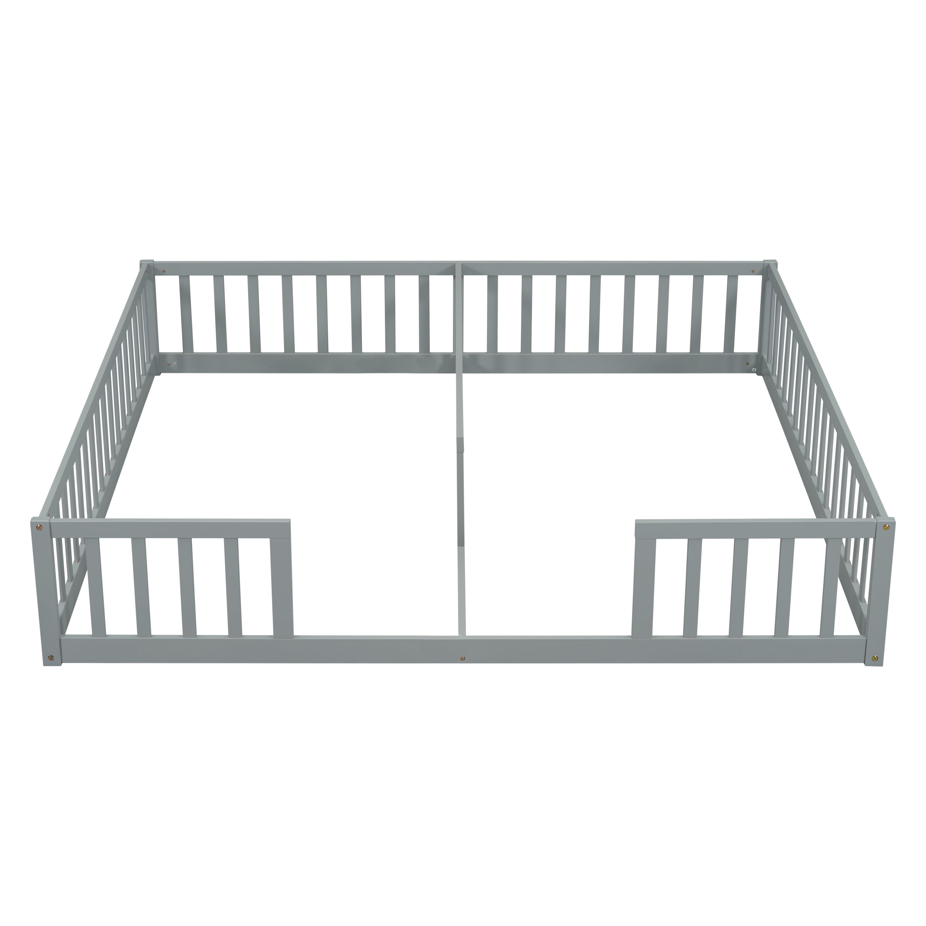 Double Twin Floor Bed with Fence, Guardrails, without door, Grey