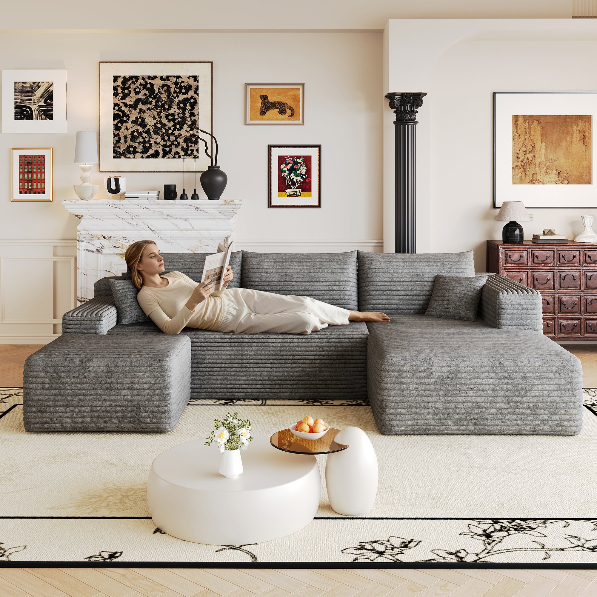 Dark grey corduroy sectional sofa, angled corner view