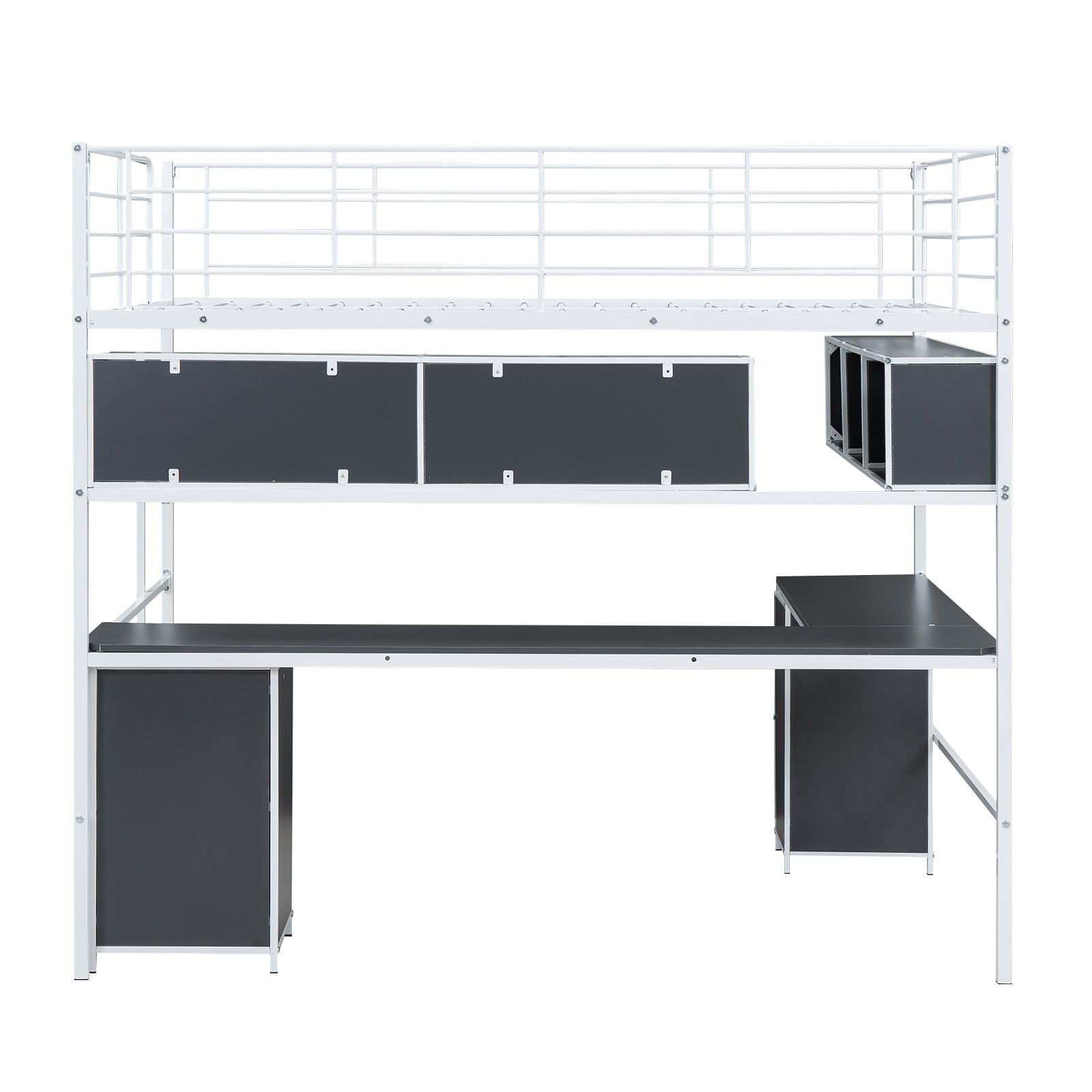 Metal Loft Bed with bookcase, desk and cabinet, Full, White