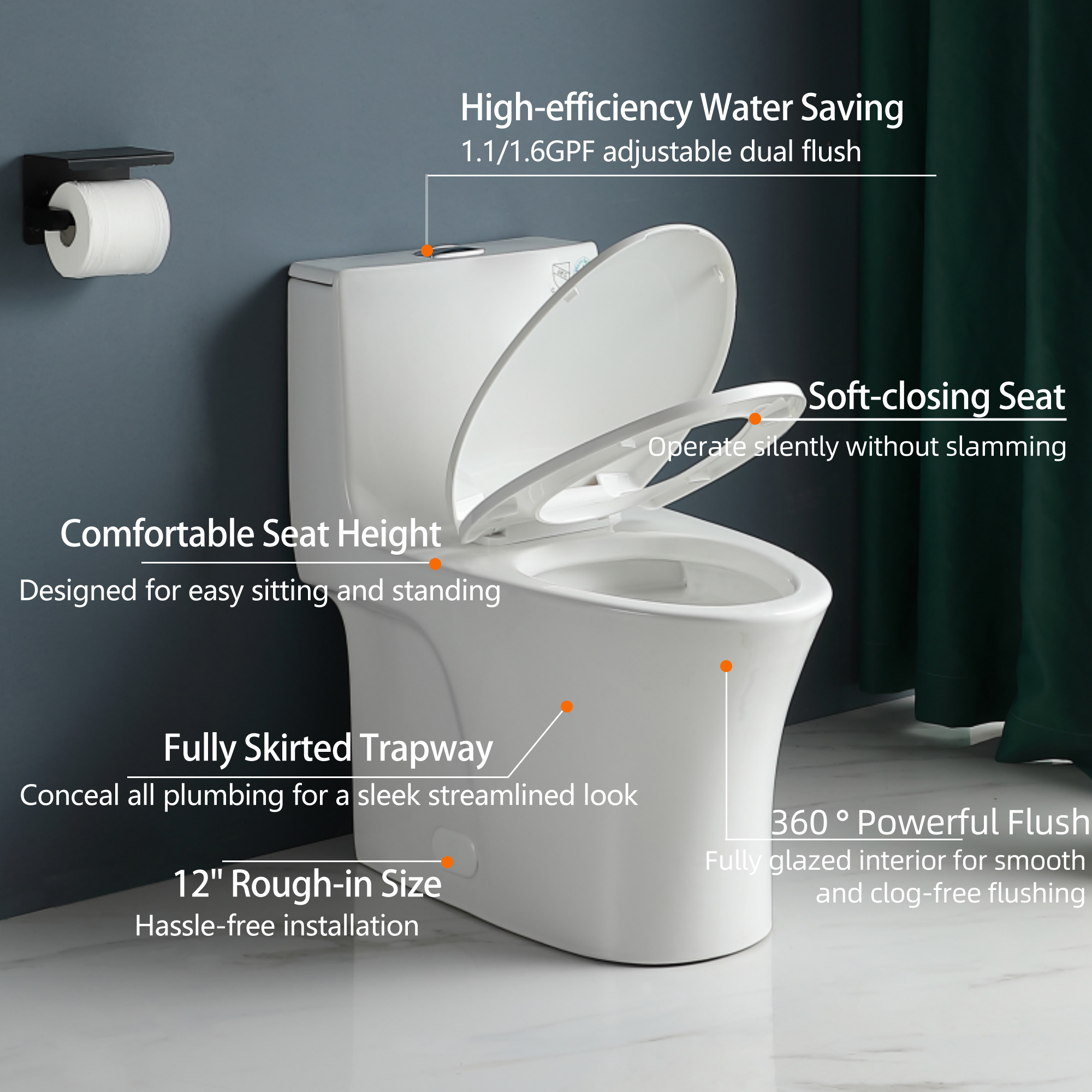 1.1/1.60 GPF Dual-Flush One Piece Toilet, Water-Saving Elongated Comfort Height Floor Mounted, Soft Closing Seat, 1000 Gram Map Flushing Score Toilet, Glossy White 23T02-GW