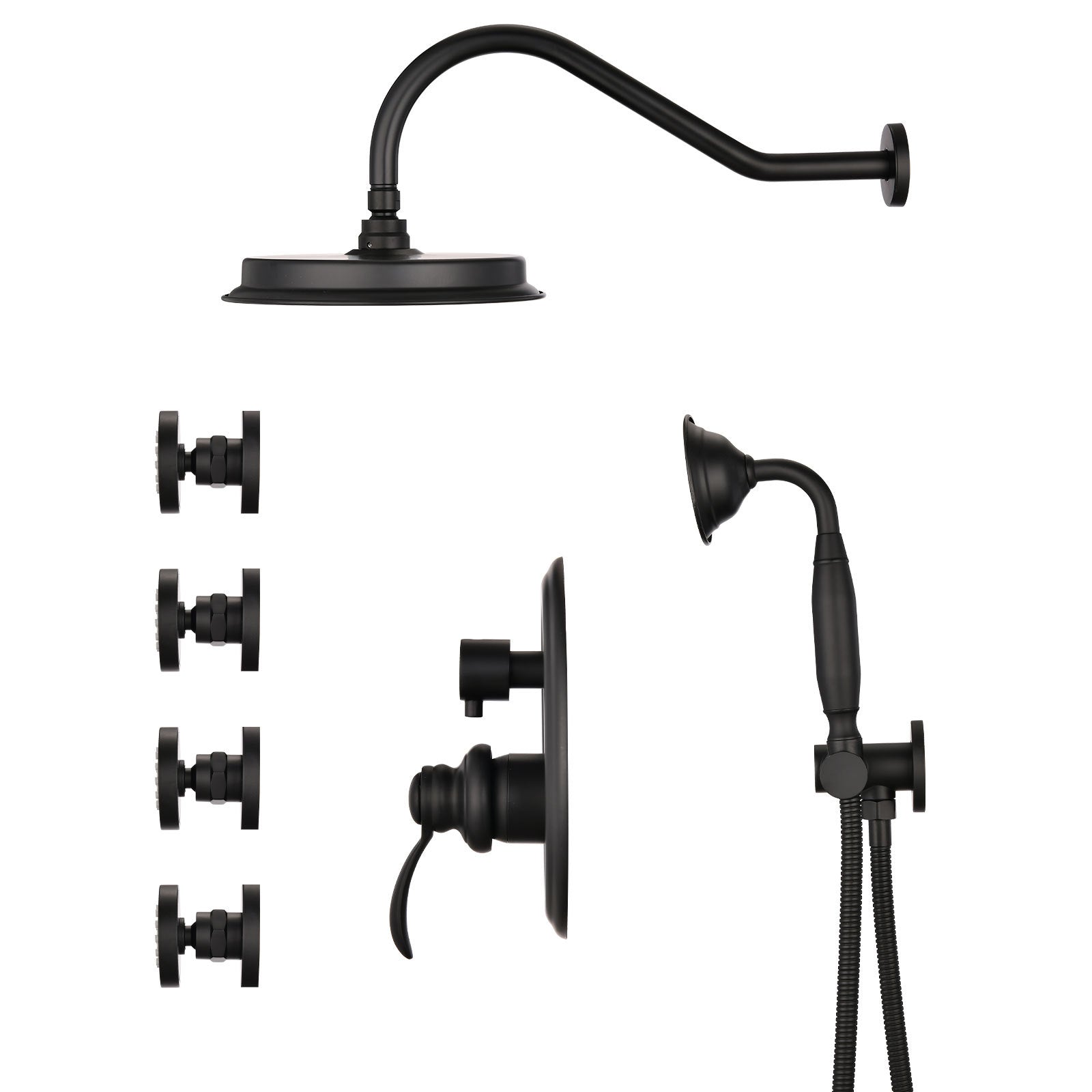 Single-Handle 4-Spray Patterns Bathroom Rain Shower Faucet with Body Jet Handshower in Matte Black (Valve Included)