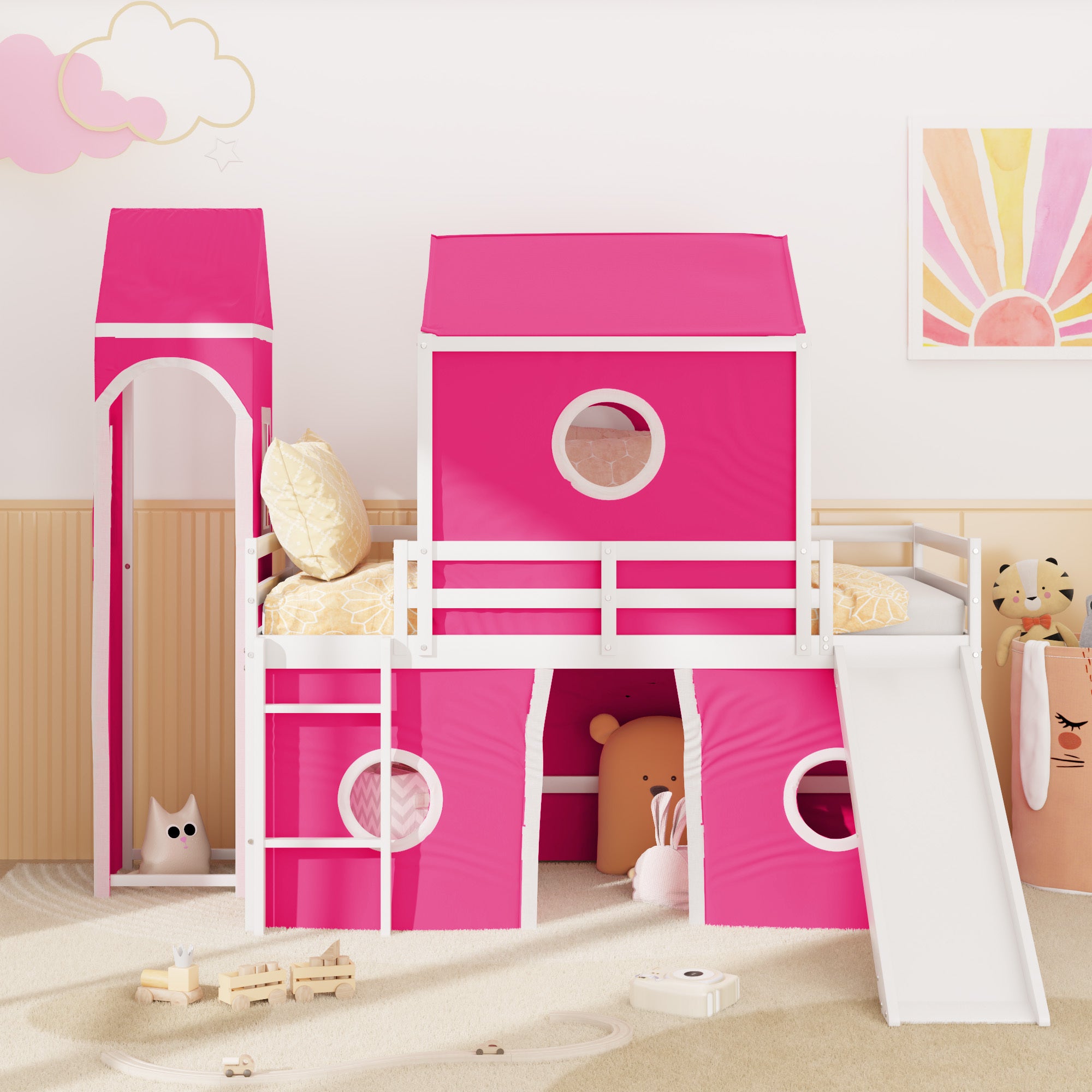 Twin Size Loft  Bed with Slide Pink Tent and Tower - Pink (OLD SKU:WF298769AAH)