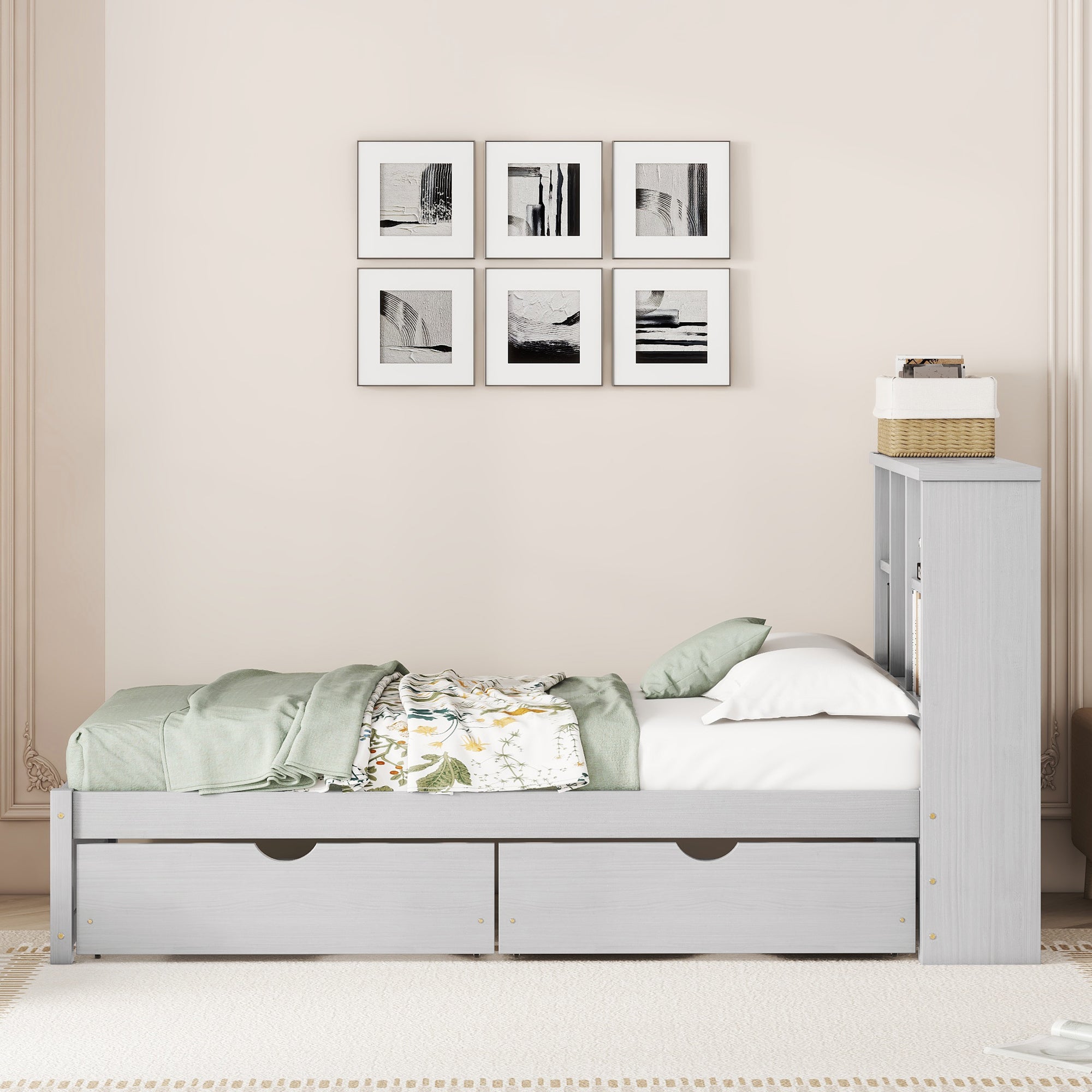 Modern Twin Size Bed Frame With Built-in USB Port on Bookcase Headboard and 2 Drawers for Grey Color