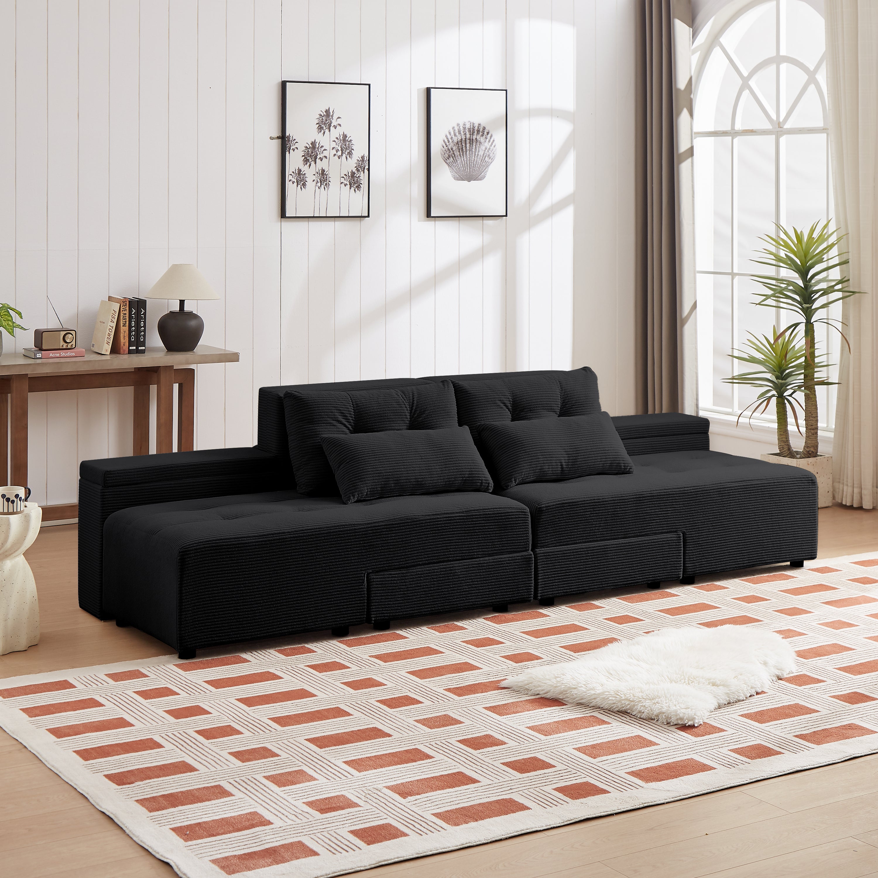 Convertible 3 in 1 Sleeper Sofa and Sectional Sofa with 4 Storage Space for Living Room,Corduroy Couch With 4 pillows,Corduroy