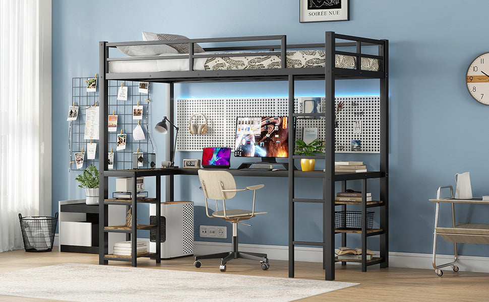 Twin XL Metal Loft Bed with Desk and Shelves, Loft Bed with Ladder and Guardrails, Loft Bed Frame for Bedroom, Black