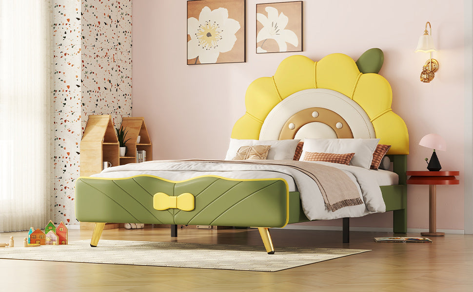 Twin Size Upholstered Platform Bed with Sunflower Shaped Headboard, Green