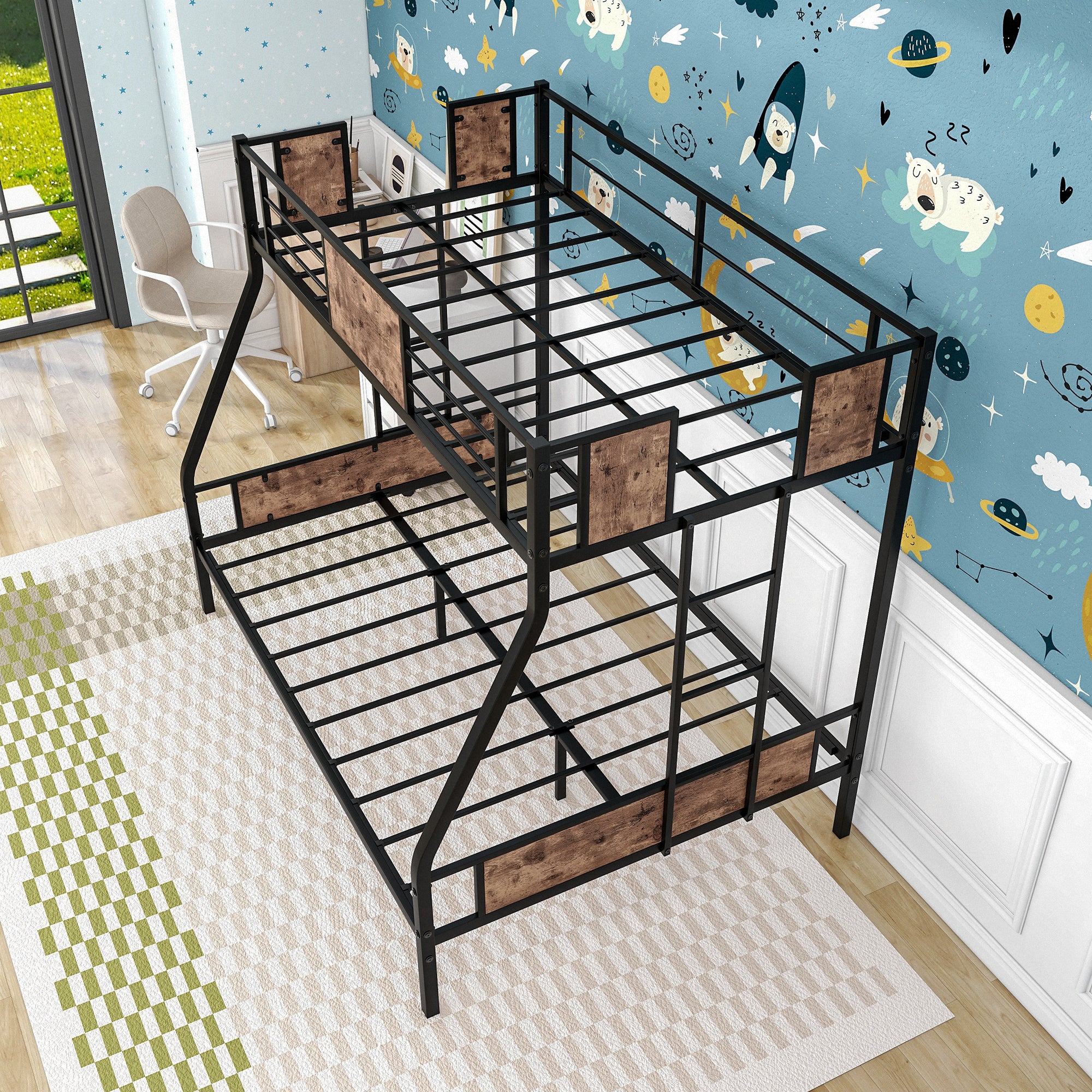 Twin Over Full Metal Bunk Bed, Heavy Duty Metal Bed Frame with Safety Rail , 2 Side Ladders & Decorative Wood ,No Box Spring Needed