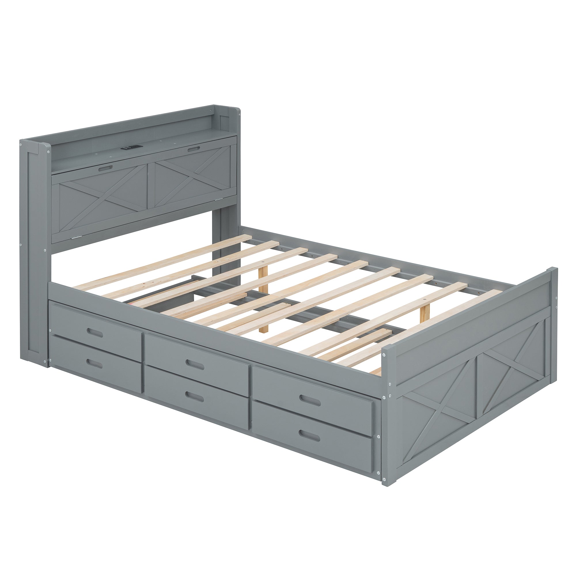 Full Size Wooden Bed with Storage Headboard with Outlets, Extendable Bed with Twin Size Trundle with Three Storage Drawers,Gray