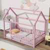 Twin Size Floor Wooden Bed with House Roof Frame, Fence Guardrails,Pink