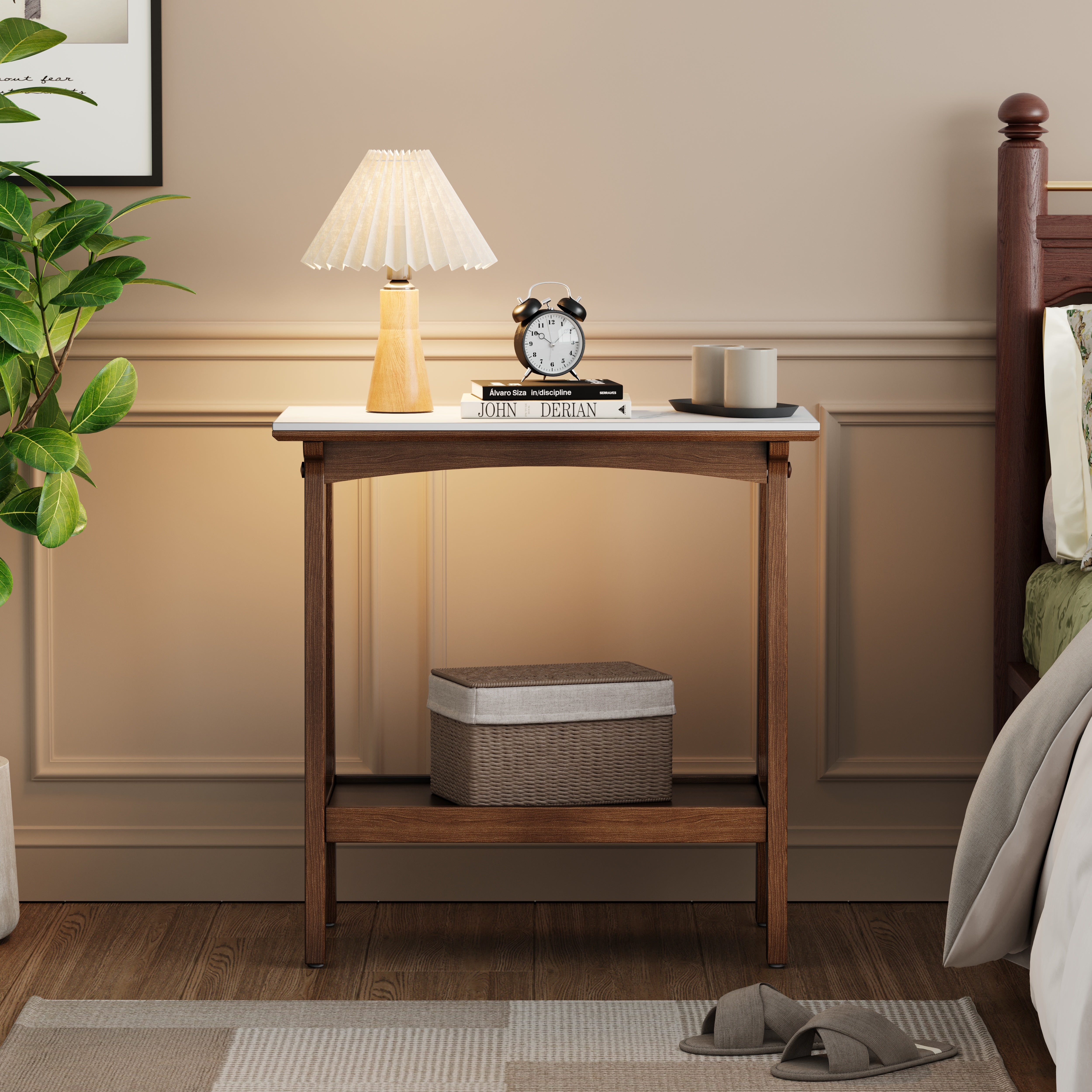 Slim reddish brown farmhouse end table, angled view
