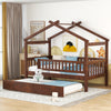 Twin Size Wooden House Bed with Twin Size Trundle, Walnut