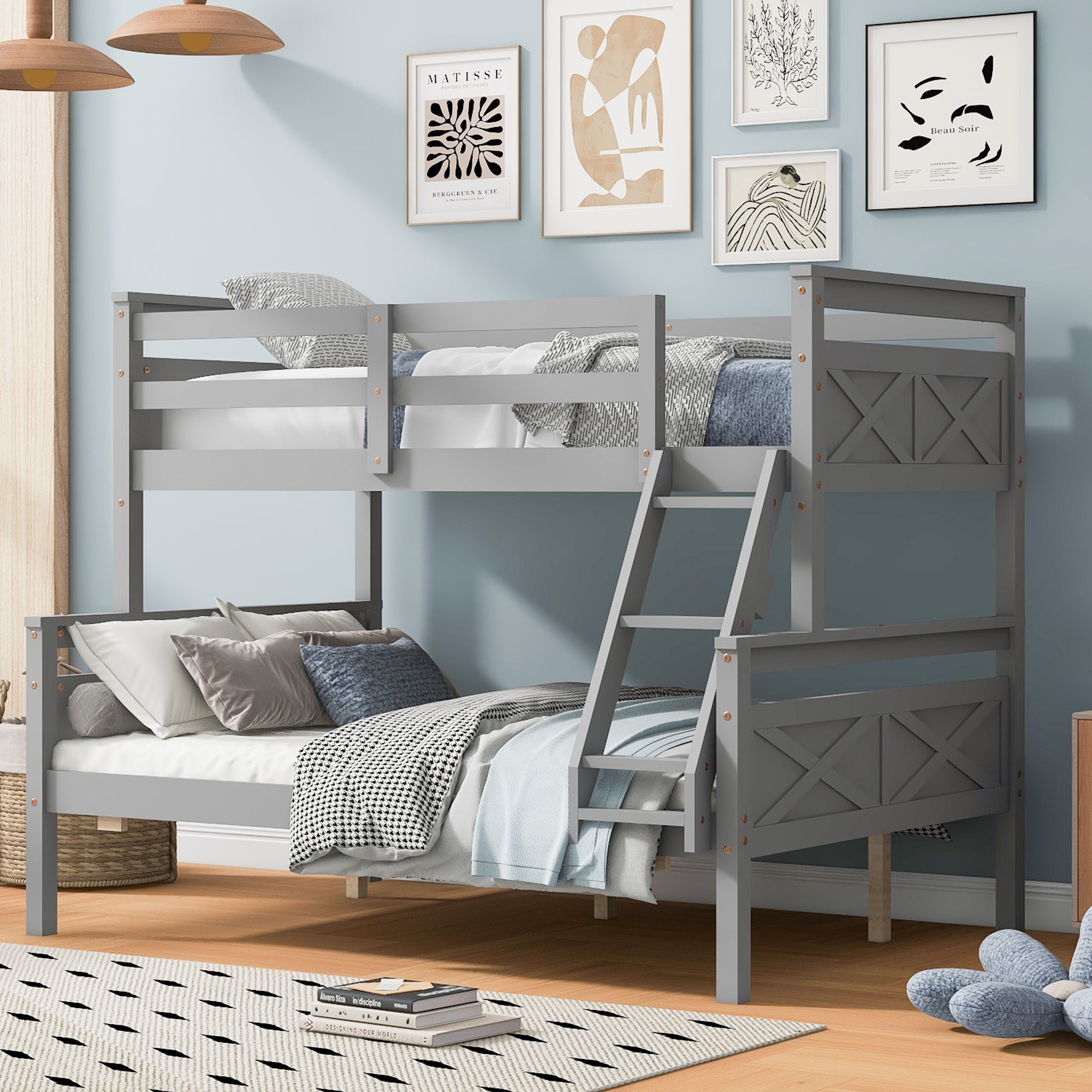 Gray twin over full wood bunk bed
