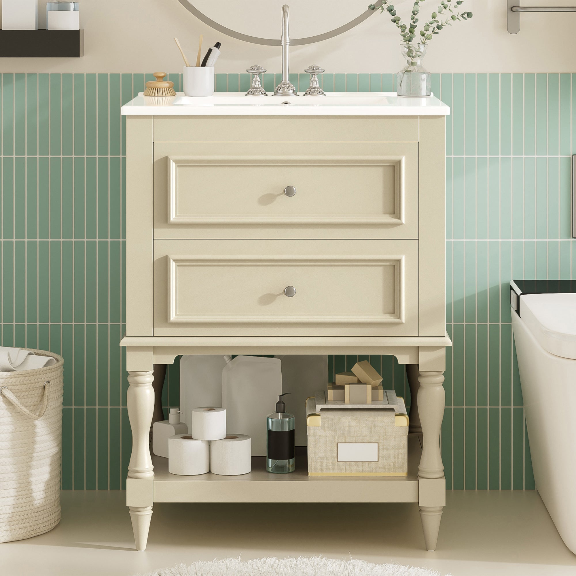 24 inch retro bathroom vanity with ceramic sink, front view