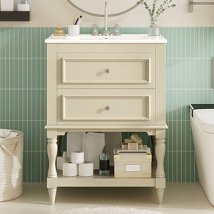 24 inch retro bathroom vanity with ceramic sink, front view
