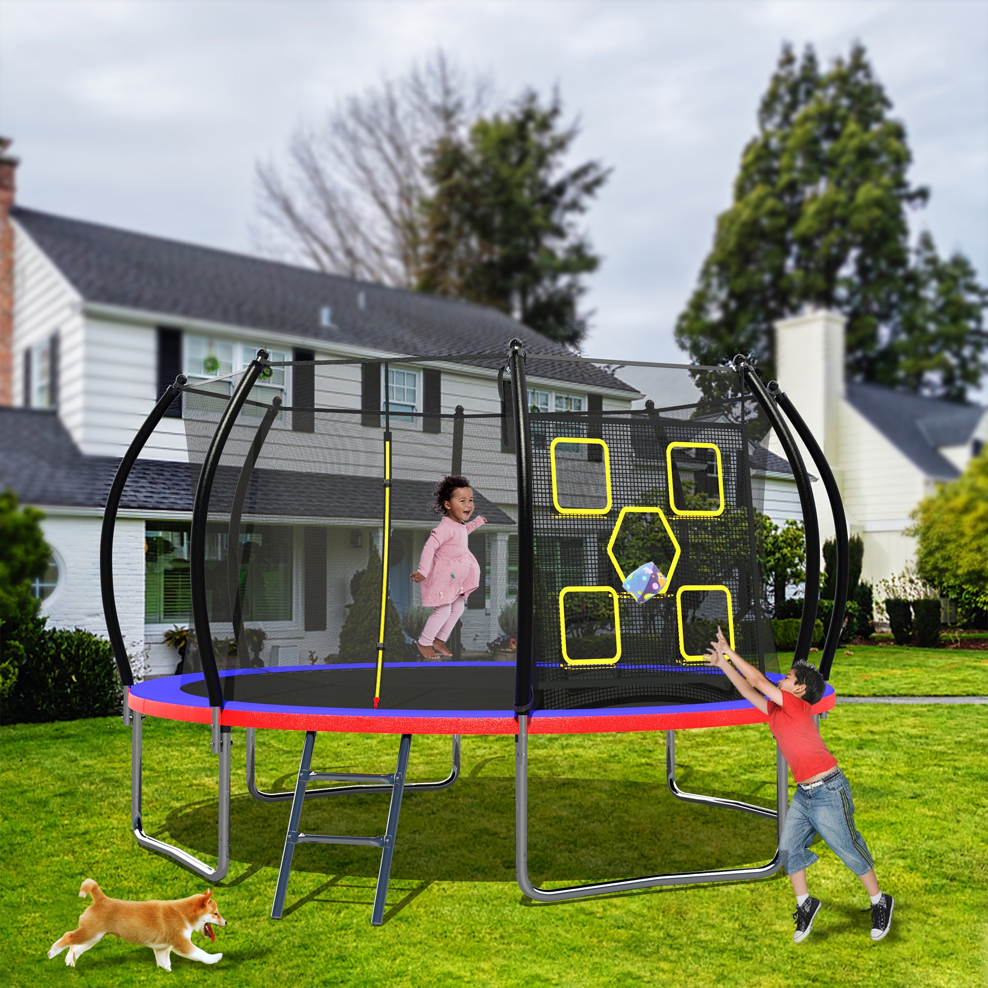 14FT Trampoline, Outdoor Trampolines for Kids and Adults, Recreational Trampoline with Enclosure Net & Ladder, Round Trampoline ASTM Approved