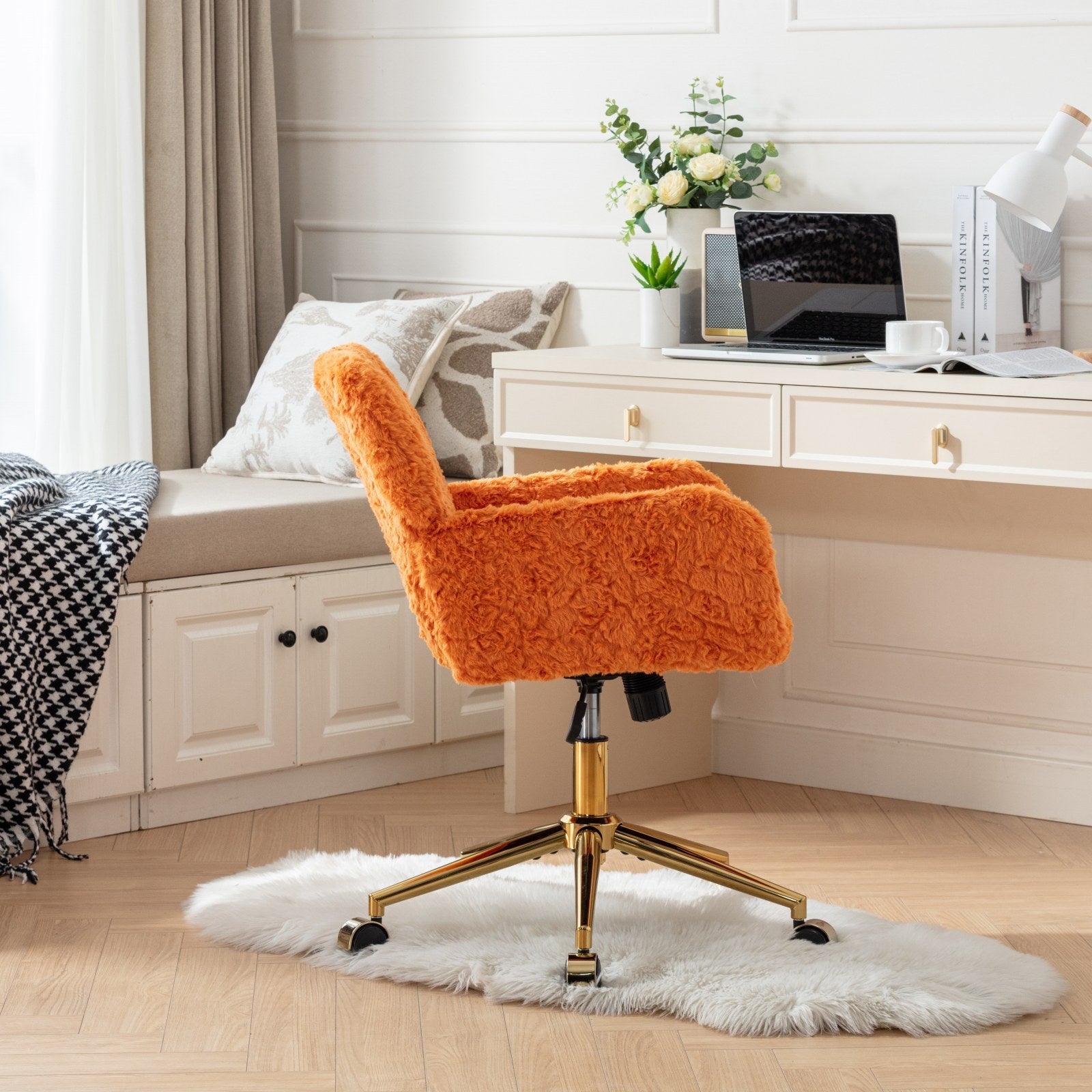 A&A Furniture Office Chair,Artificial rabbit hair Home Office Chair with Golden Metal Base,Adjustable Desk Chair Swivel Office Chair,Vanity Chair(Orange)