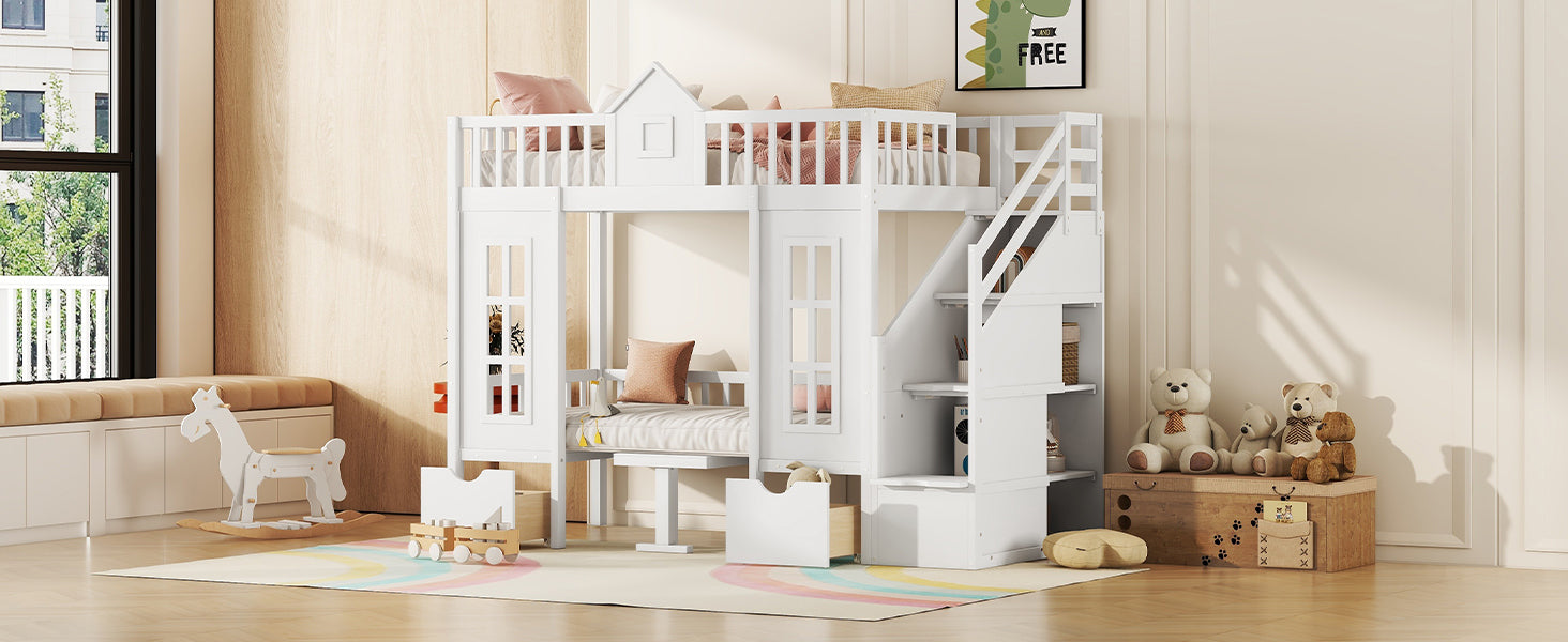 Twin-Over-Twin Bunk Bed with Changeable Table, Bunk Bed Turn into Upper Bed and Down Desk -White