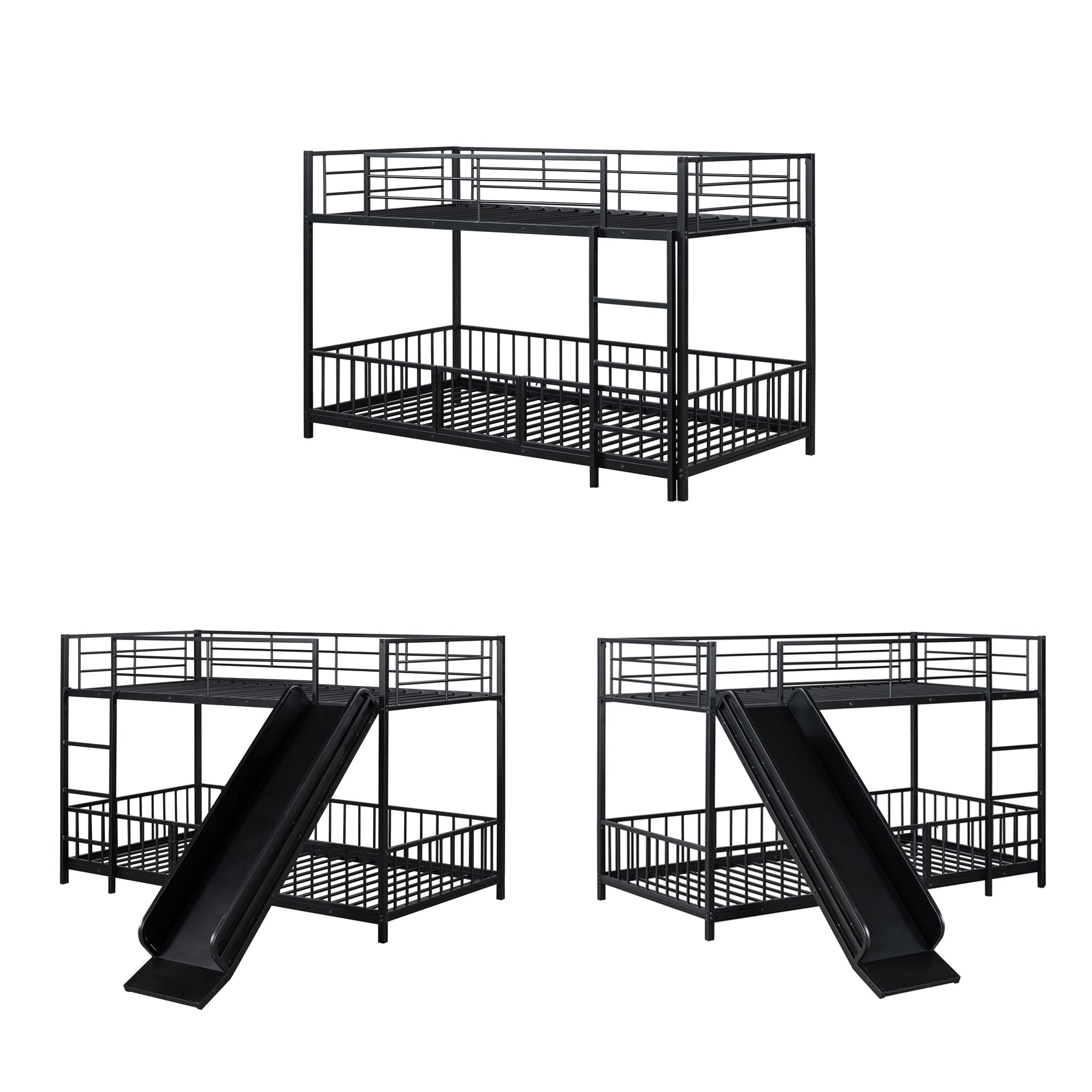 Twin over Twin Size Metal Bunk Bed with Slide and Guardrails, Black