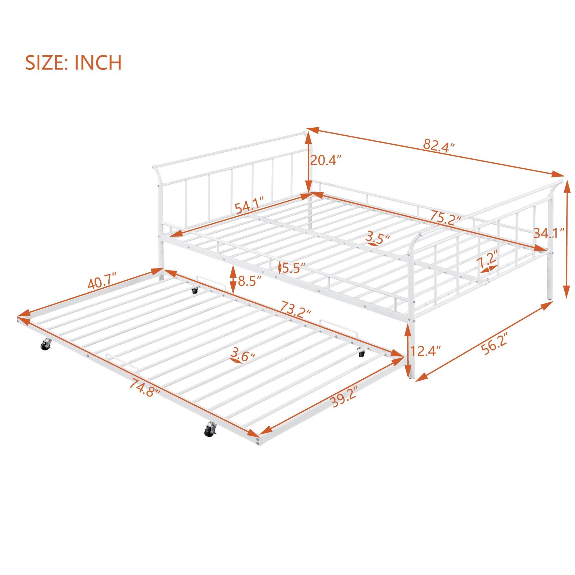 Full Size Metal Daybed with Curved Handle Design and Twin Size Trundle, White