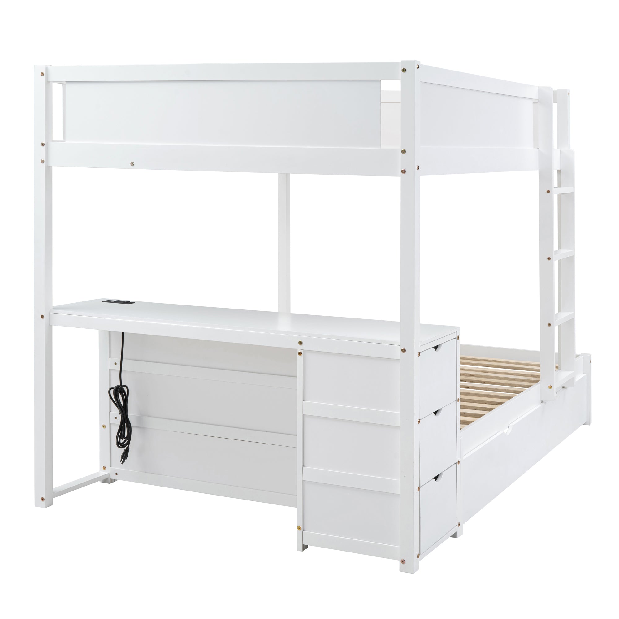 Full-Over-Full Bunk Bed with Twin size Trundle, Storage and Desk, White