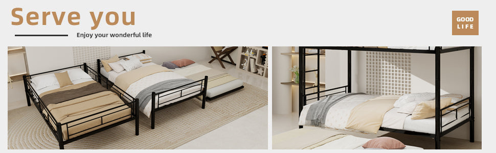 Black twin metal triple bunk bed, modern finish, front view