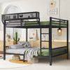Queen over queen black metal bunk bed with upper storage shelf