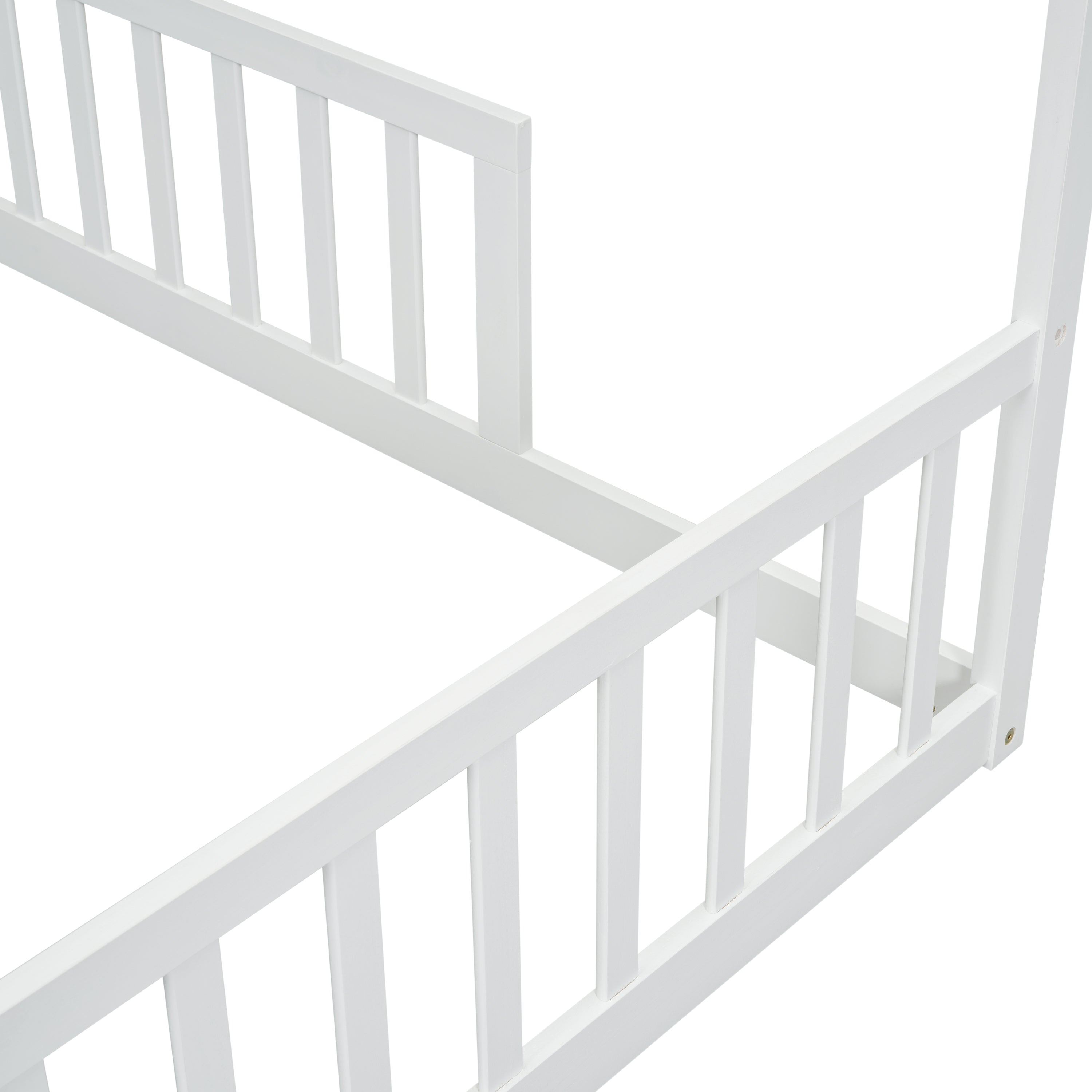 Double Twin House-Style Floor Bed with Fence, Guardrails, without door, White